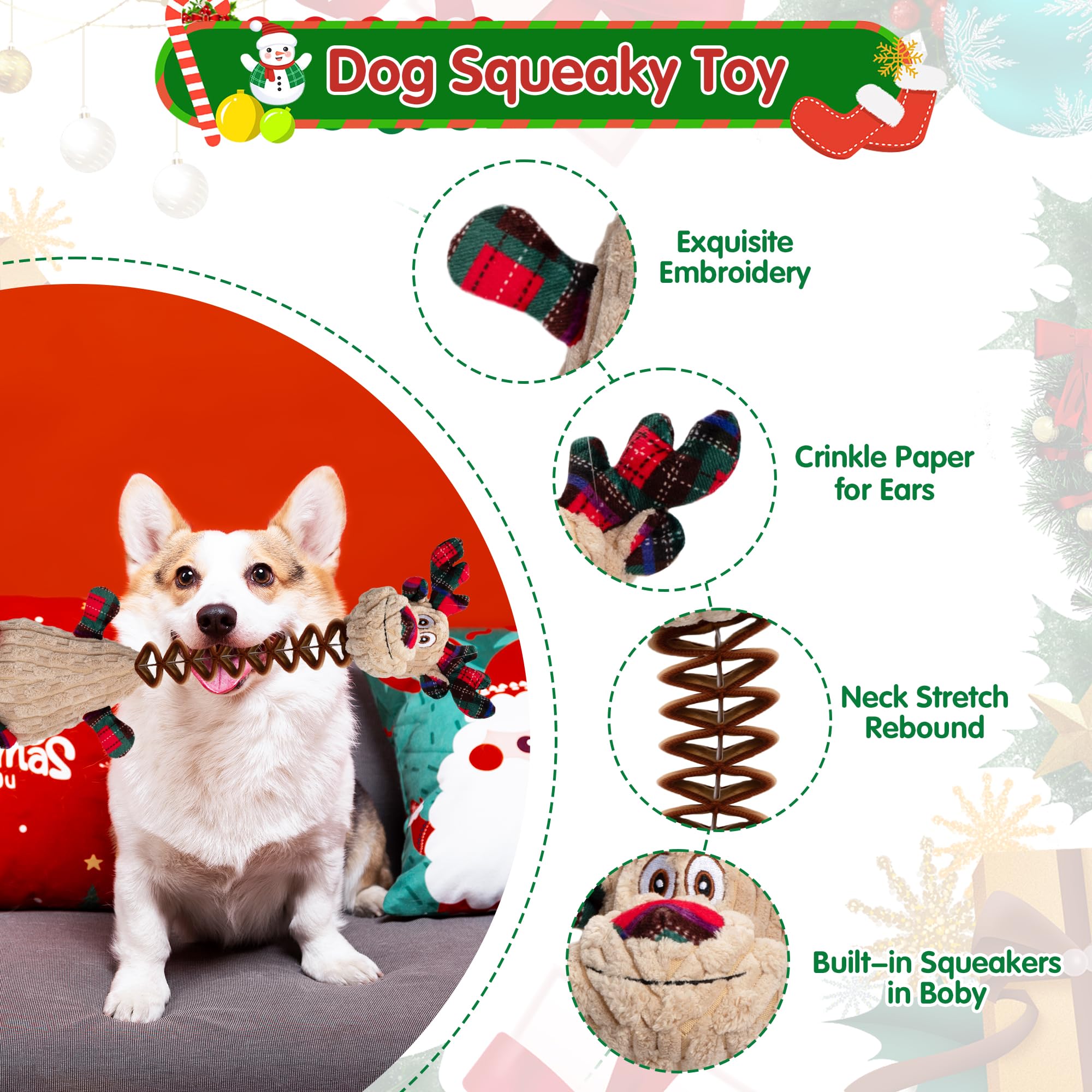 Motsamla Christmas Dog Toys, Plush Squeaky Toy With Crinkle Paper, Cute Puppy Toys With Cotton, Durable Interactive Chew Toys Fo