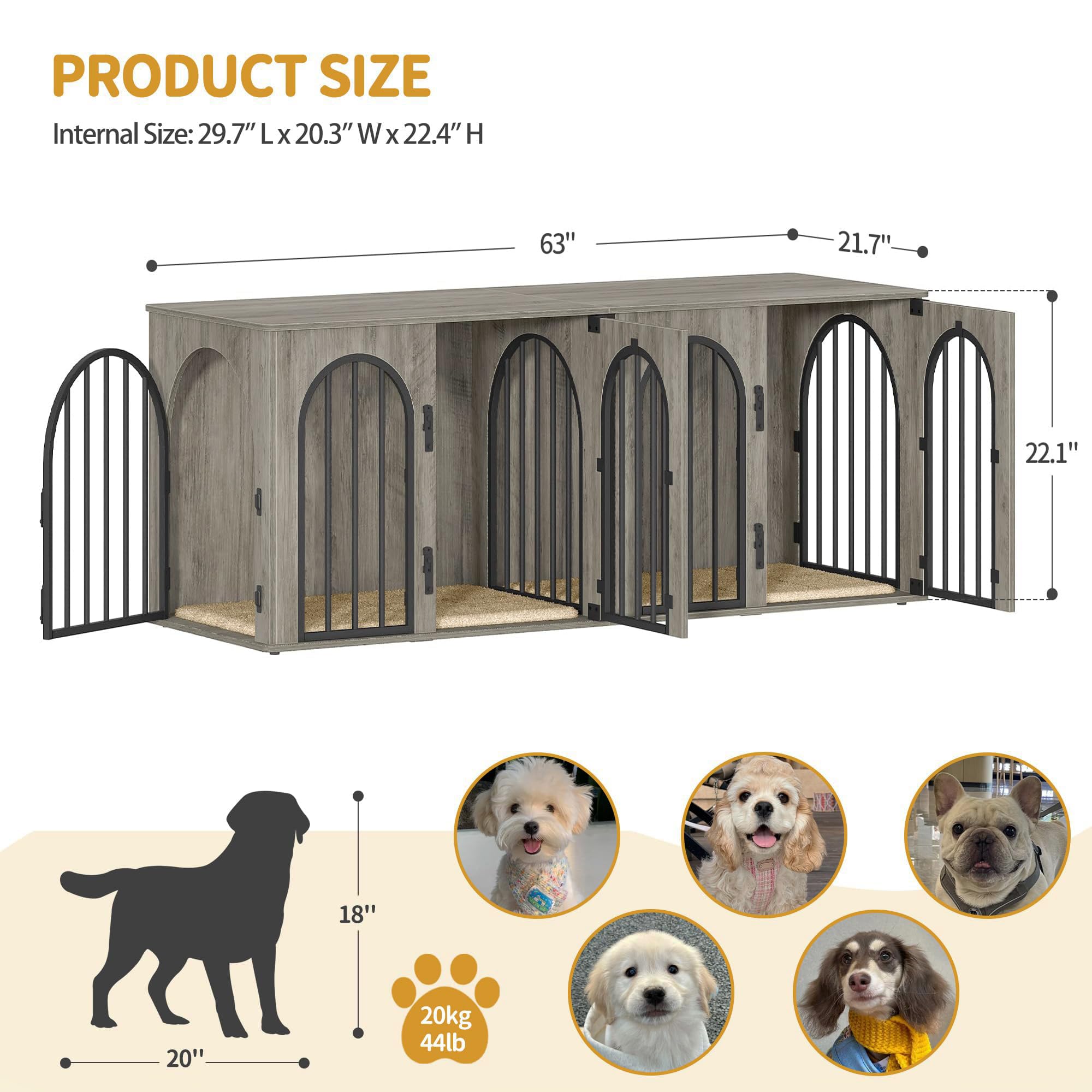 Hzuaneri 63 Dog Crate Furniture for 2 Dogs, Heavy Duty Indoor Dog Kennel TV Stand, L Wooden Dog Cage with Divider for Medium Lar