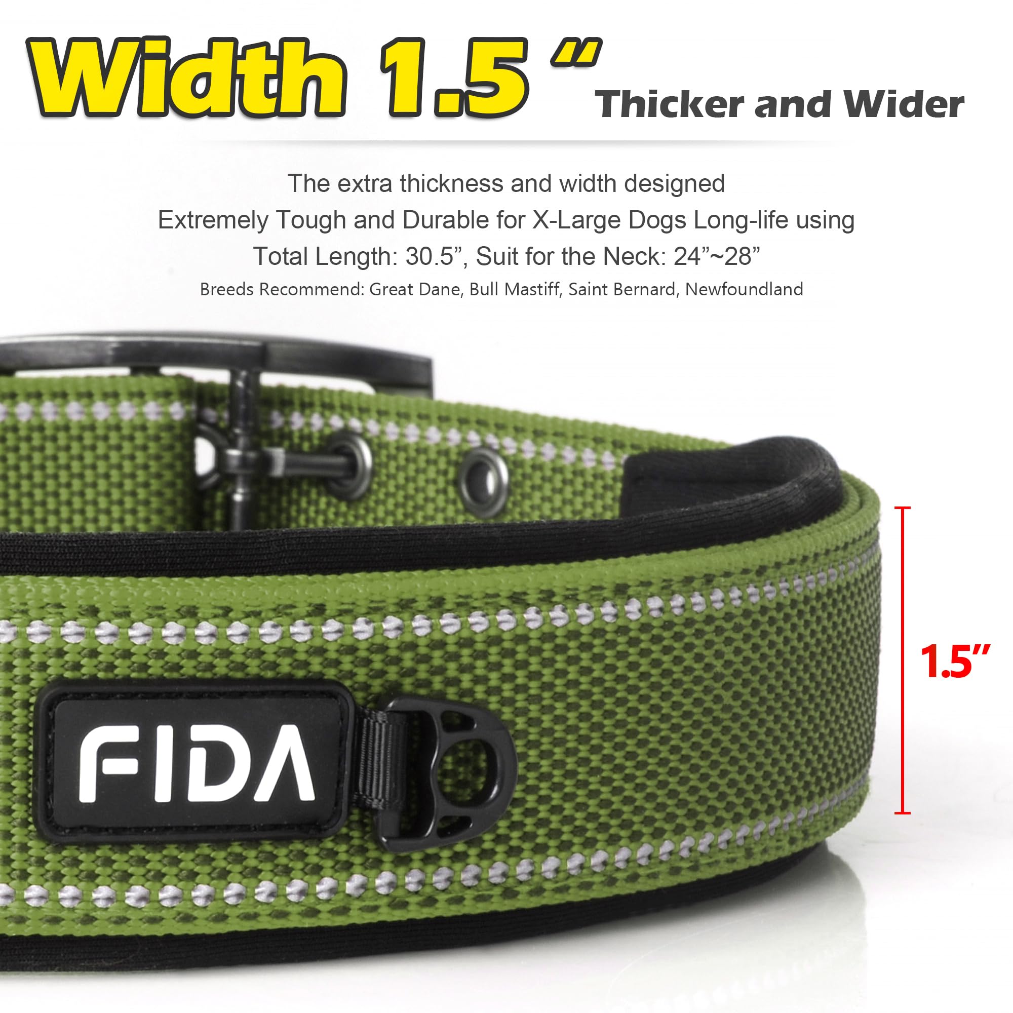 Fida Heavy Dutydog Collar For Large Dogs, Ultra Comfortable Soft Neoprene Padded, Adjustable Reflective Nylon Pet Collar With Du