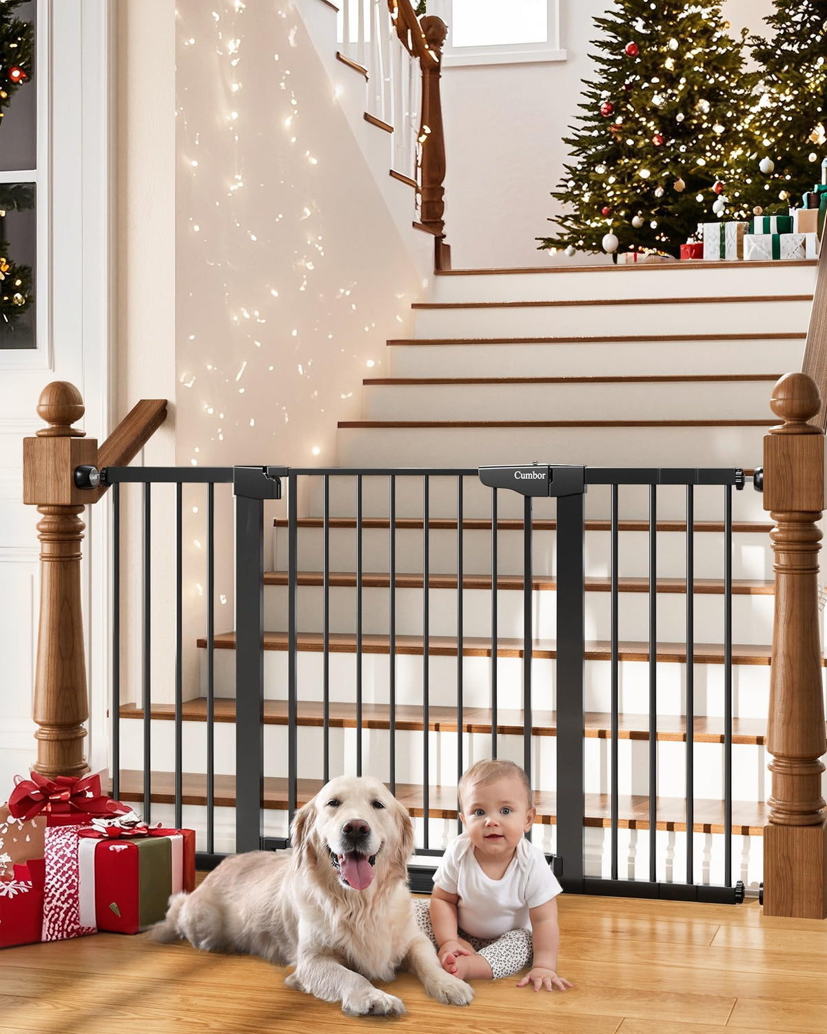 Cumbor 29.7-54.2' Wide Baby Gate For Stairs, Mom'S Choice Awards Winner-Self Closing Dog Gate Indoor For Doorways, No Drilling Pressure Mounted Pet Gates For Kids, Easy Walk Through Safety Gate, Black