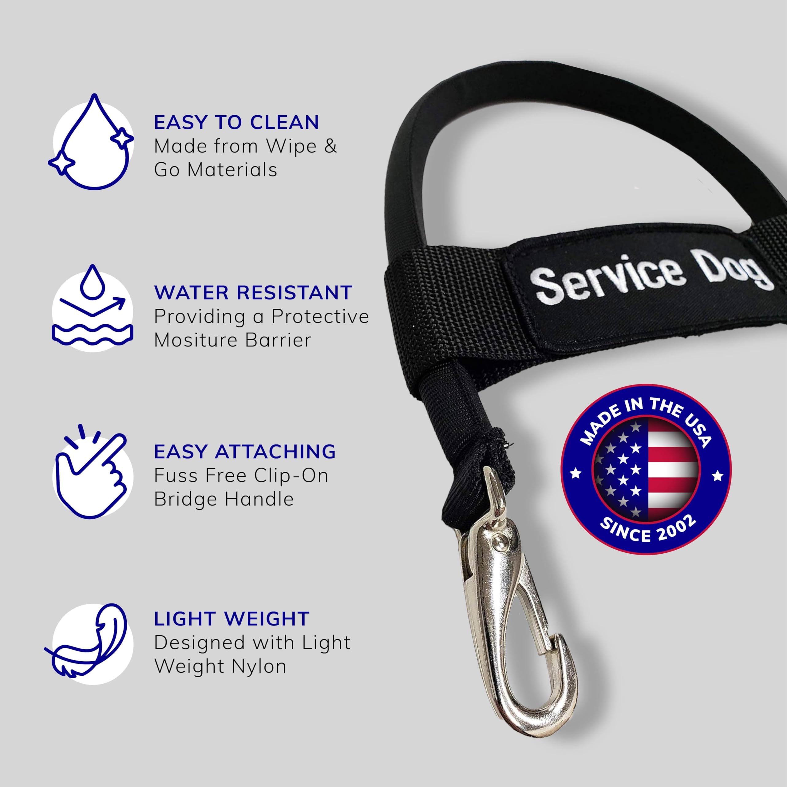 Activedogs Bridge Handle For Service Dog Vest & Harnesses - Service Dog Handle With Reinforced Nylon, Heavy Duty Metal Clips & Service Dog Id Band - Black 12'