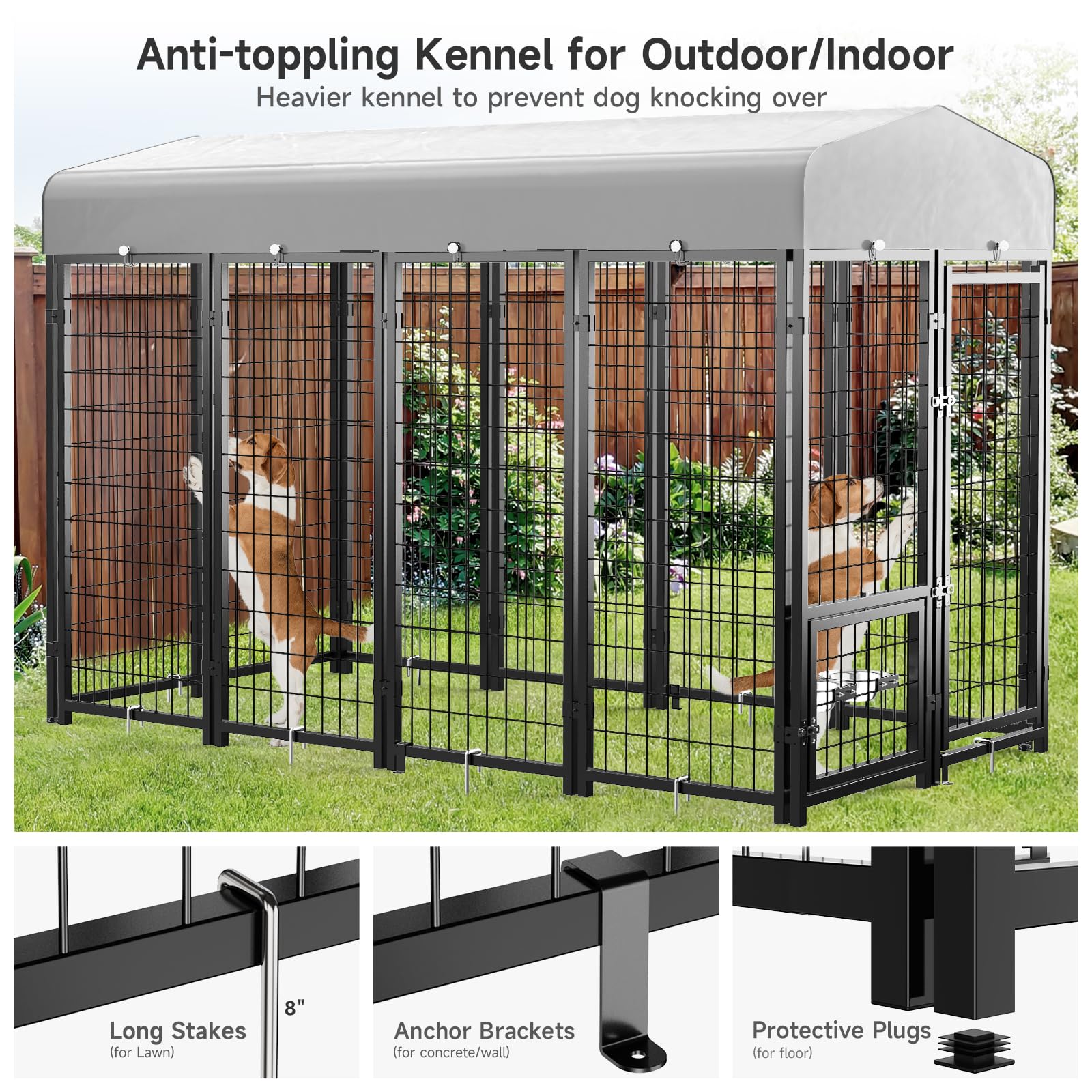 Guiferland Large Outdoor Dog Kennel with Roof, Swivel Feeders, Heavy Duty Metal, 8'x4'x6', Black, Model GFTEST003