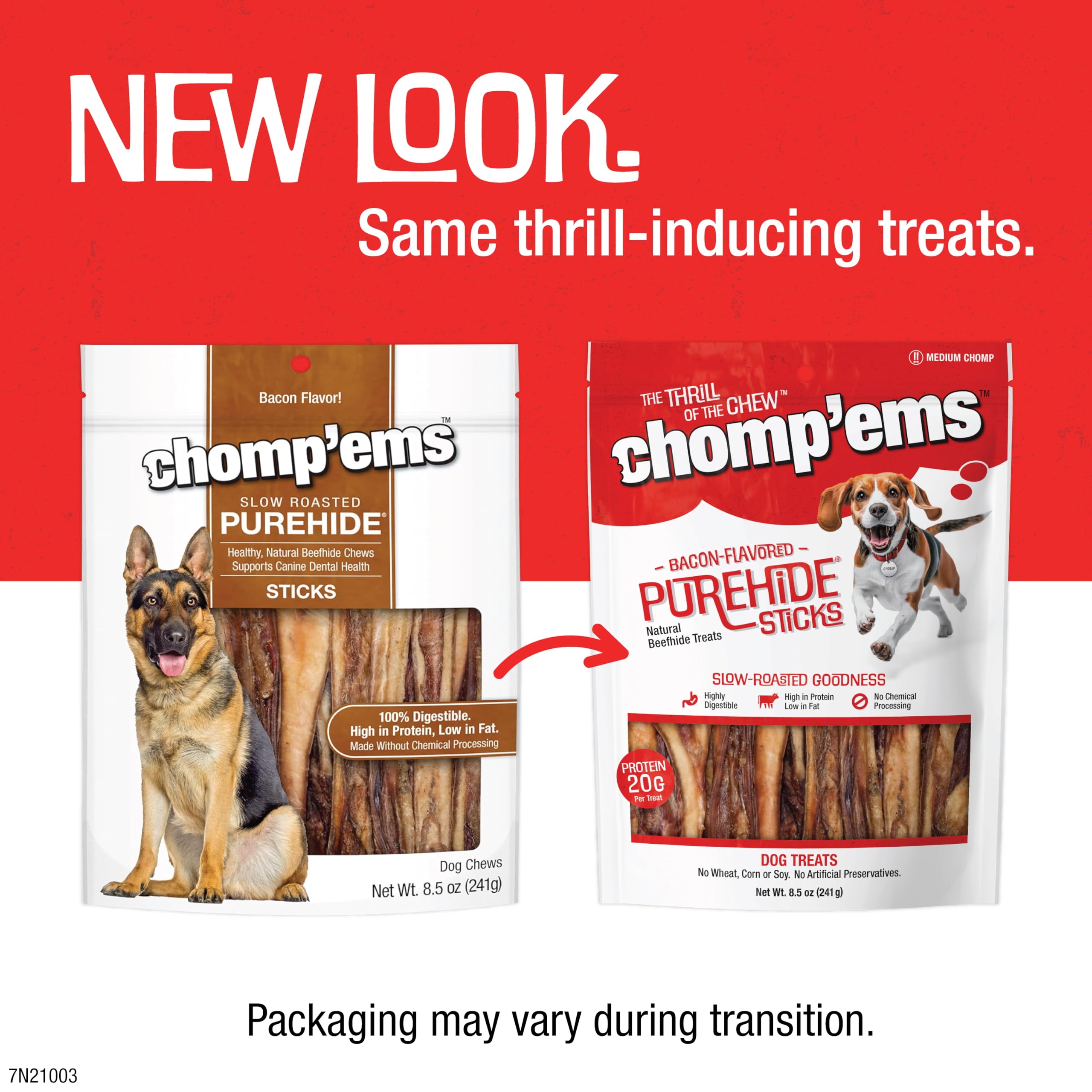 CHOMP 'EMS Purehide Chews - High Protein Beef Rawhide Dog Treats, Bacon Flavor, 8.5 Oz, Brown