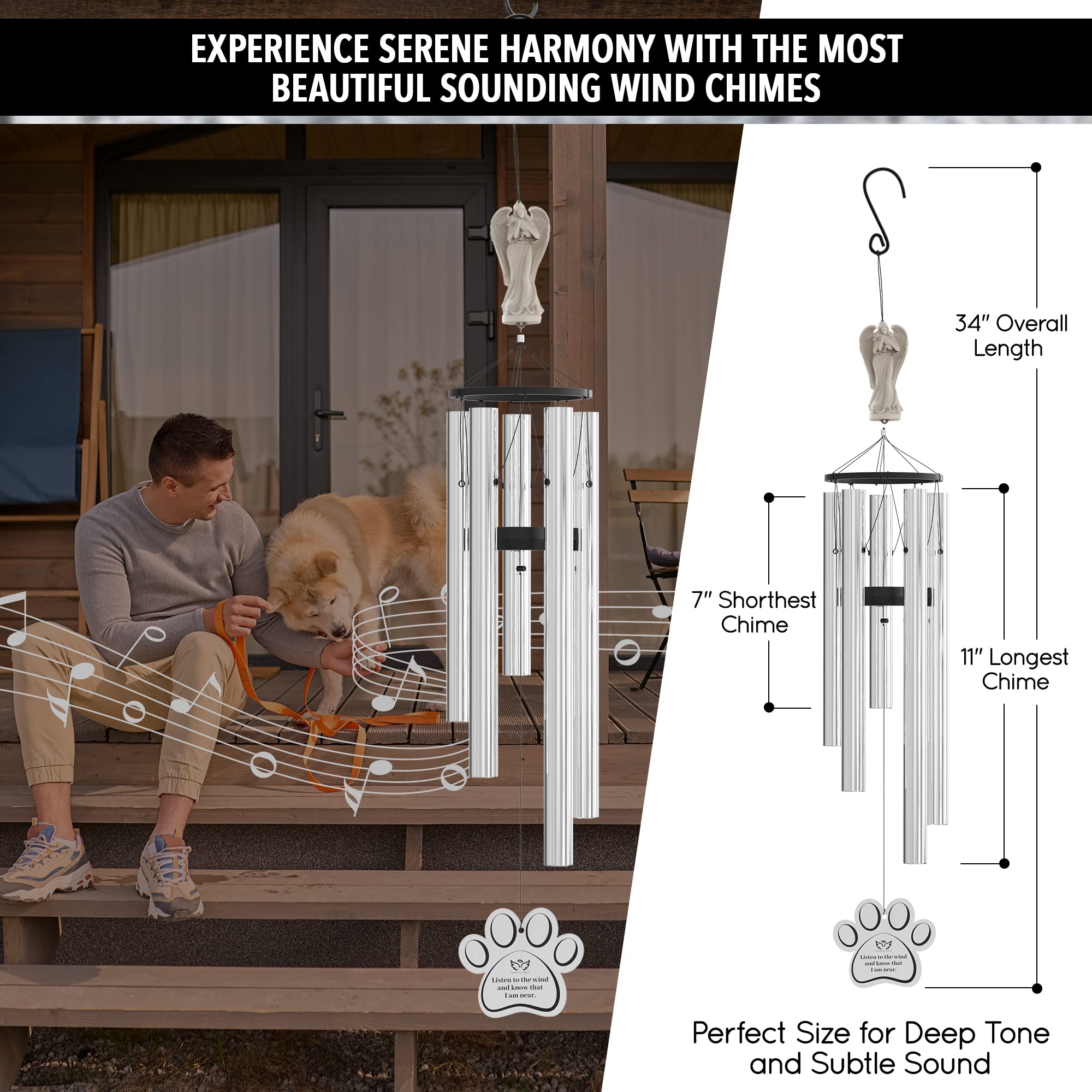 Sympathy Hearts Dog Memorial Wind Chime For Loss Of Dog - Dog Memorial Gifts For Loss Of Dog, 34'' Pet Memorial Wind Chimes For