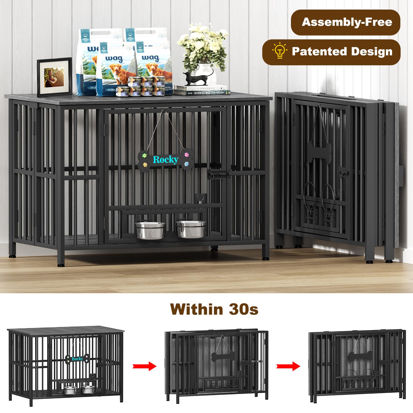 Easycom 41 Dog Crate Furniture Foldable, No Assembly Decorative Dog Kennel Indoor, Dog Crates for Large Dogs(40-65 lb), Wooden D