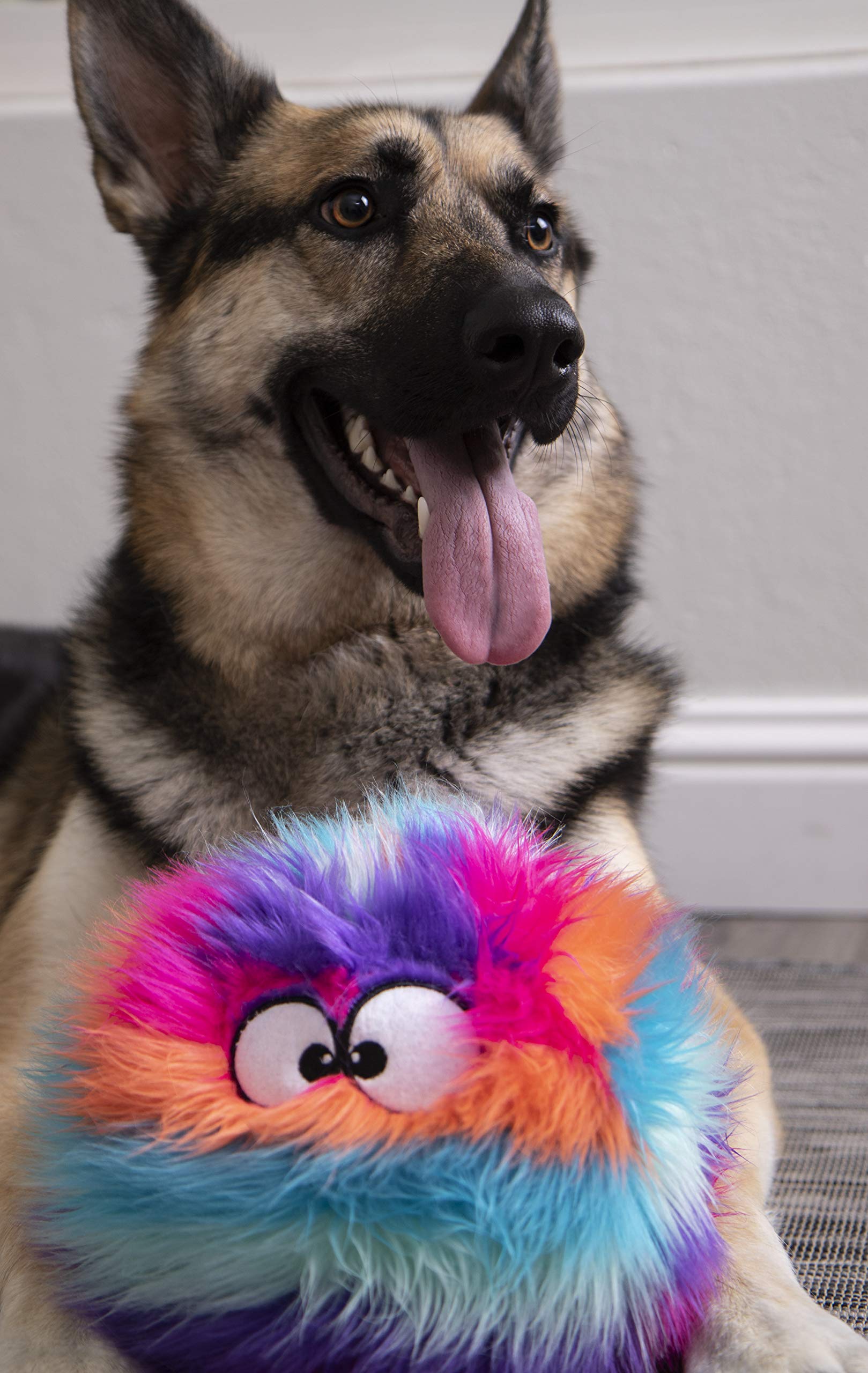 goDog Furballz Squeaky Plush Ball Dog Toy, Chew Guard Technology - Cool Rainbow, Large