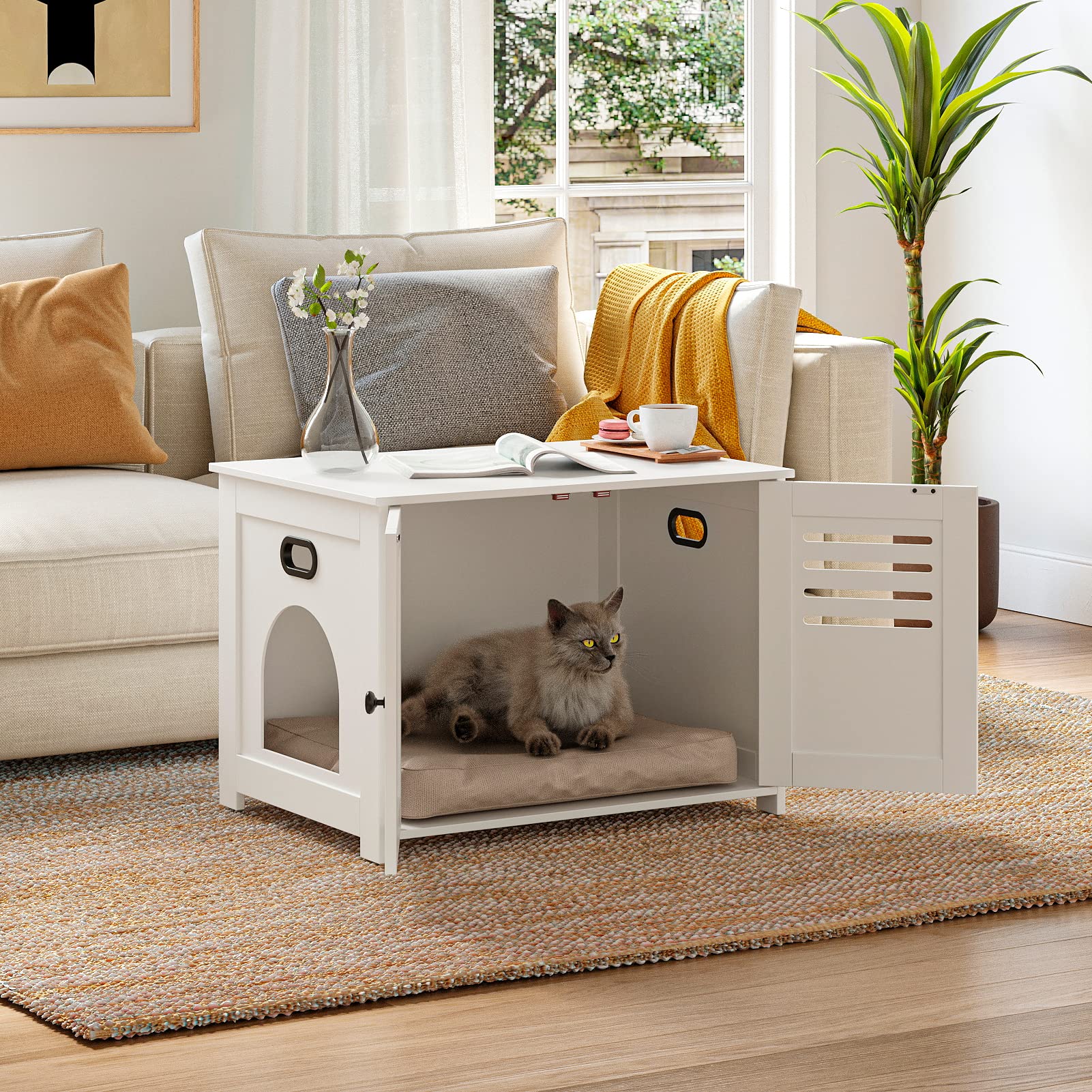 Dinzi Lvj Litter Box Enclosure, Cat Litter House With Louvered Doors, Entrance Can Be On Left Or Right, Large Hidden Cat Washroom For Most Of Litter Box, Cat Furniture Cabinet, White