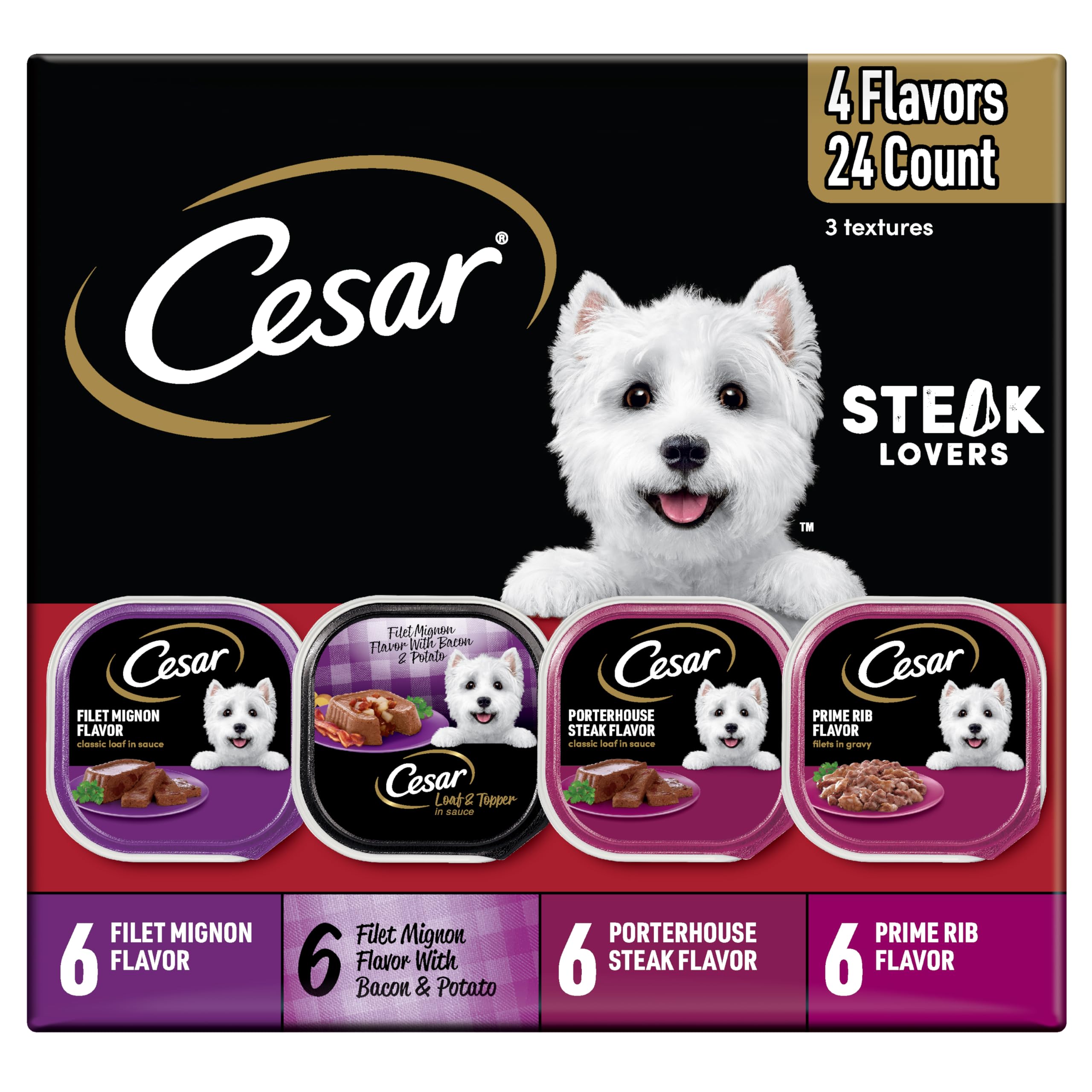 Cesar Wet Dog Food Steak Lovers Variety Pack with Real Meat, 3.5 oz. Trays (24 Count, Pack of 1)
