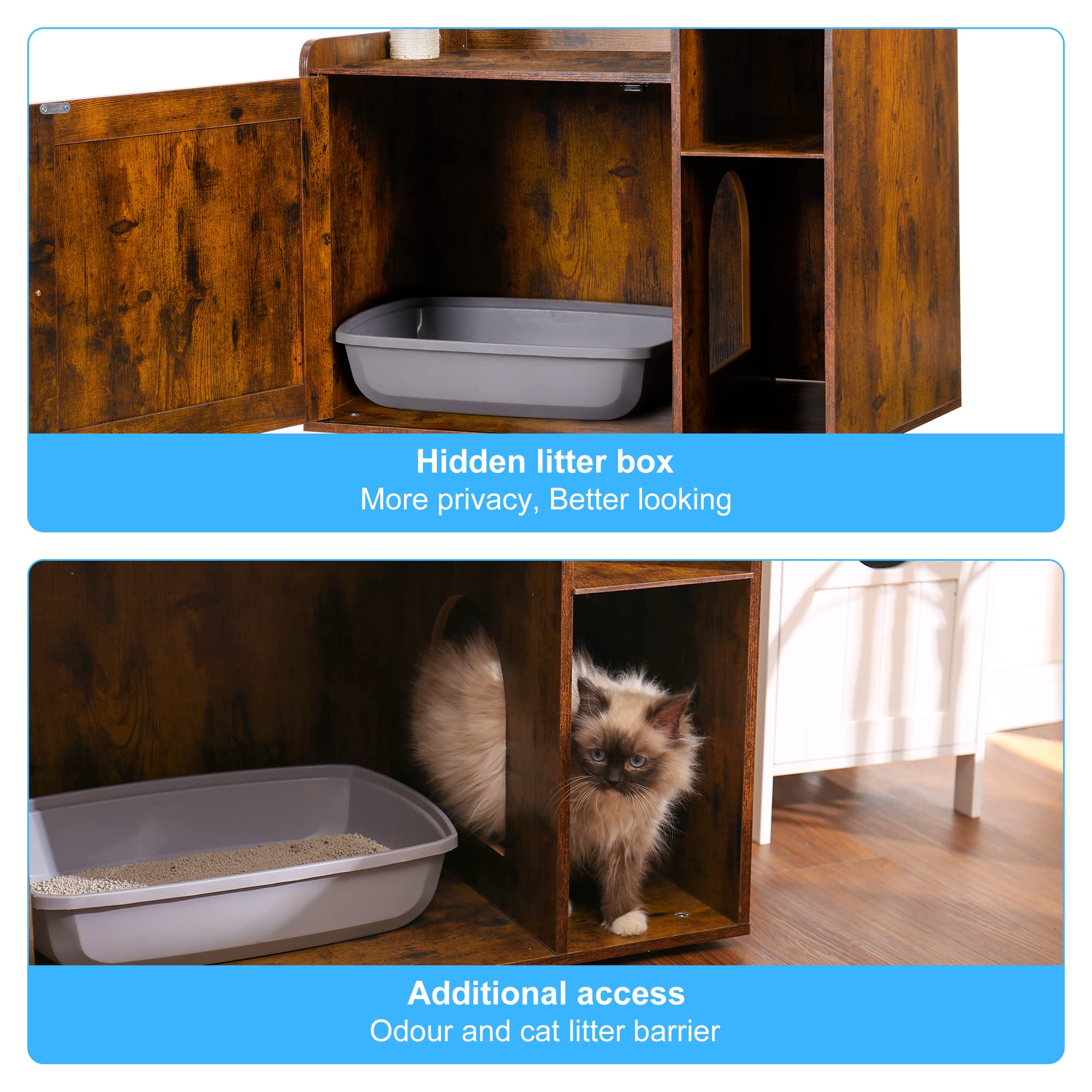 Hey-brother Cat Tree with XL Litter Box Enclosure, Rustic Brown, L (28.3"×17.7"×48"), Plush Fabric, Scratching Posts, Modern Design