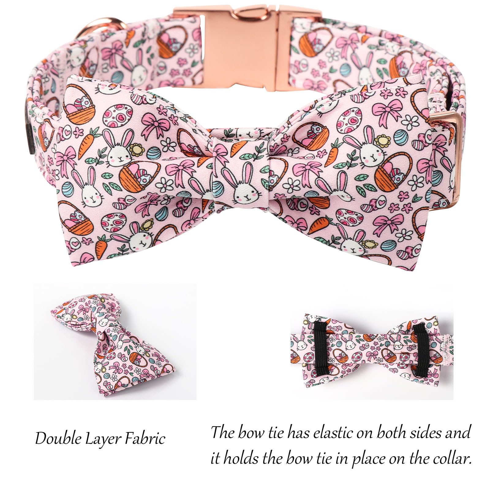 Lionet Paws Easter Dog Collar, Pink Rabbit Dog Collar For Large Dogs With Bowtie, Adjustable Cotton Eggs Bowtie Pet Collars For