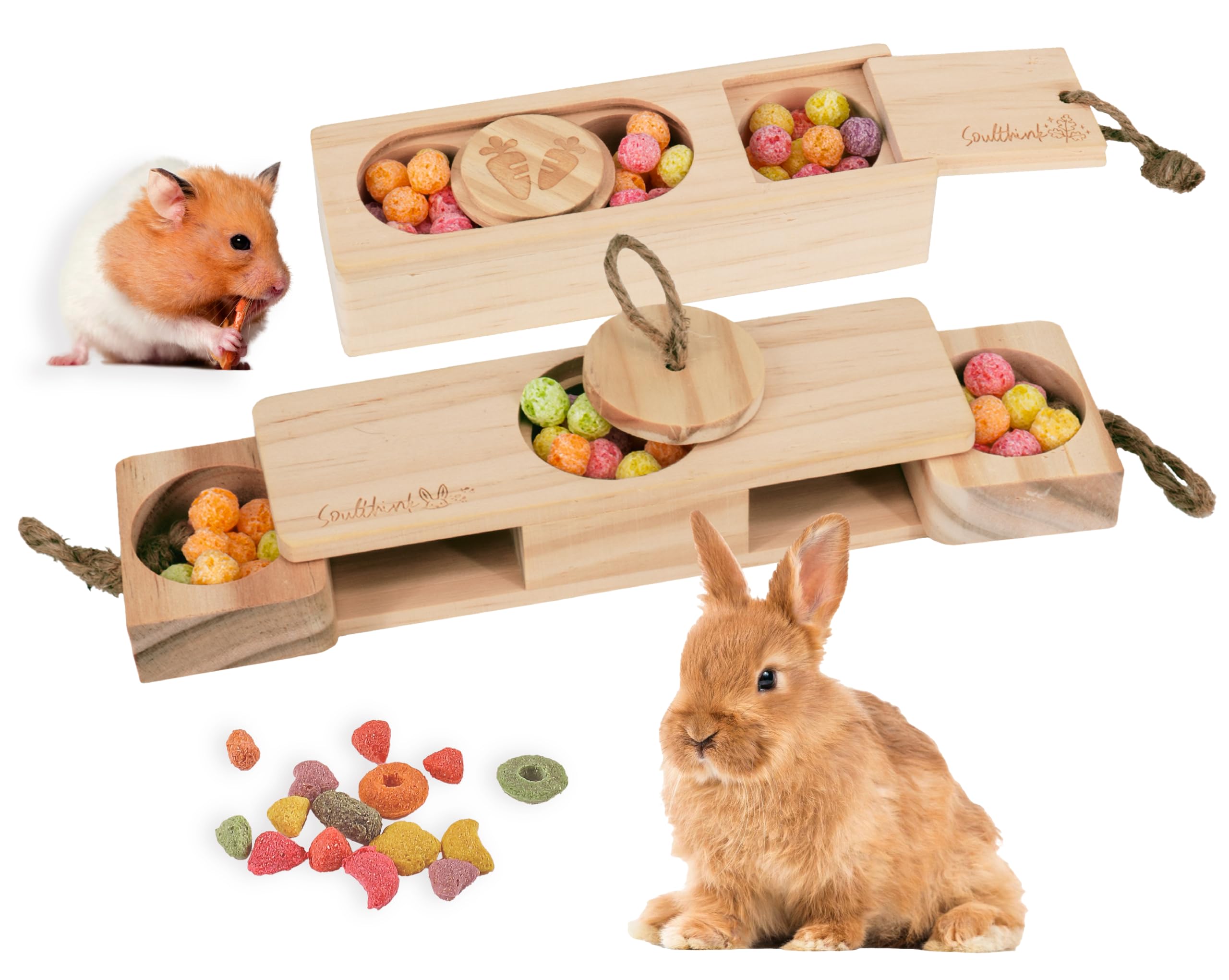 Soulthink Interactive Wooden Pet Sniff N' Snack Rabbit Chew Toys - Chinchilla & Rabbit Enrichment Toys For Boredom (2 Set)