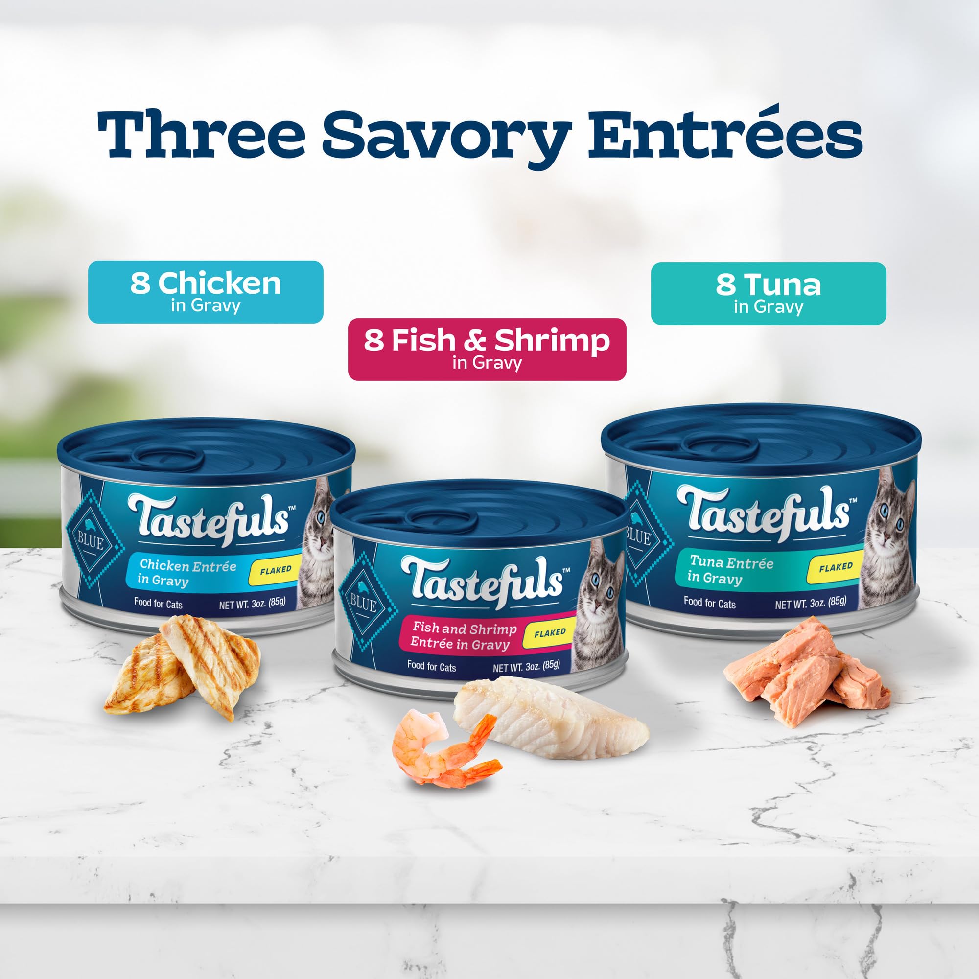 Blue Buffalo Tastefuls Natural Flaked Wet Cat Food Variety Pack, Tuna, Chicken and Fish & Shrimp Entr  es in Gravy 3-oz Cans (24