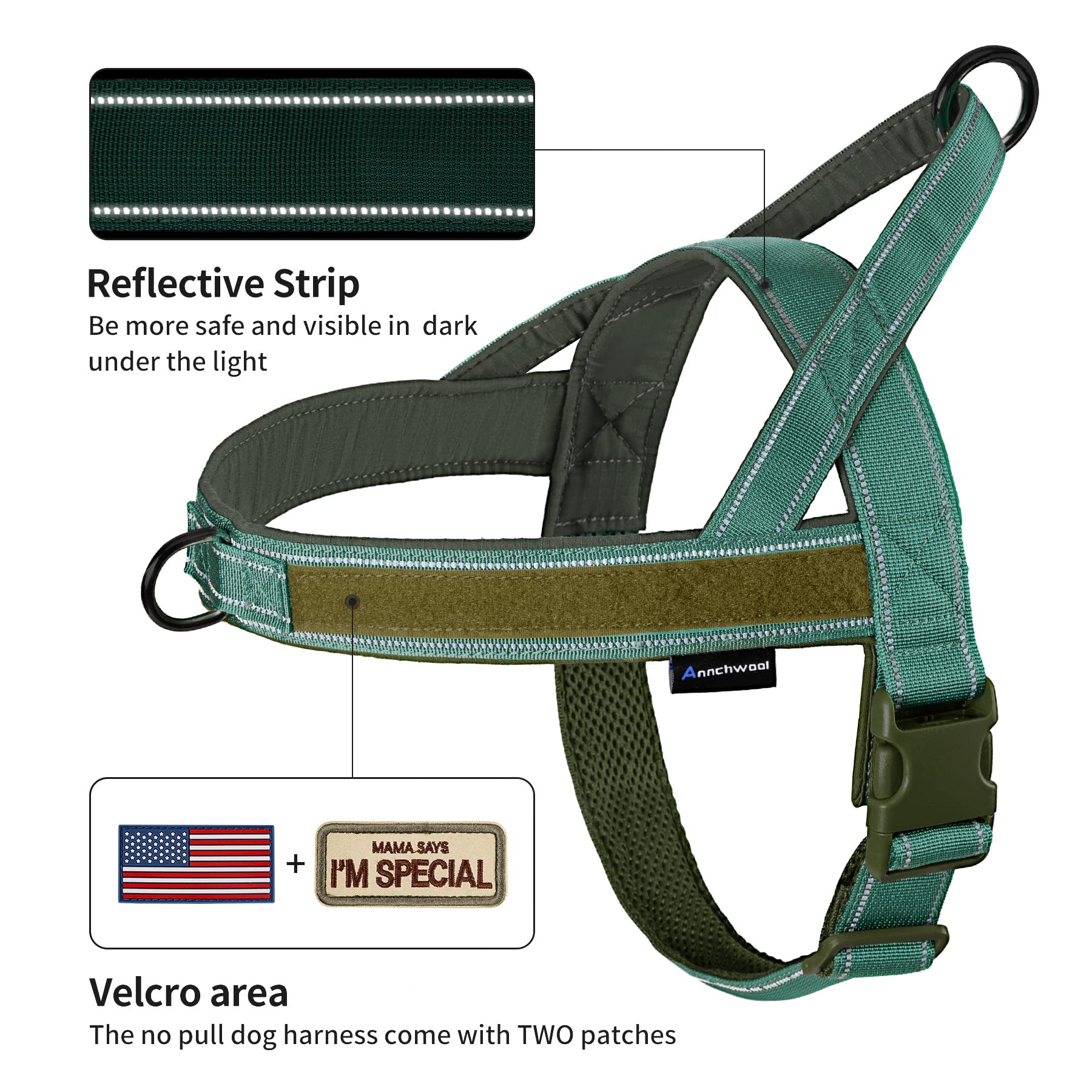 Annchwool No Pull Dog Harness with Soft Padded Handle,Reflective Strip Escape Proof and Quick Fit to Adjust Harness,Easy for Tra