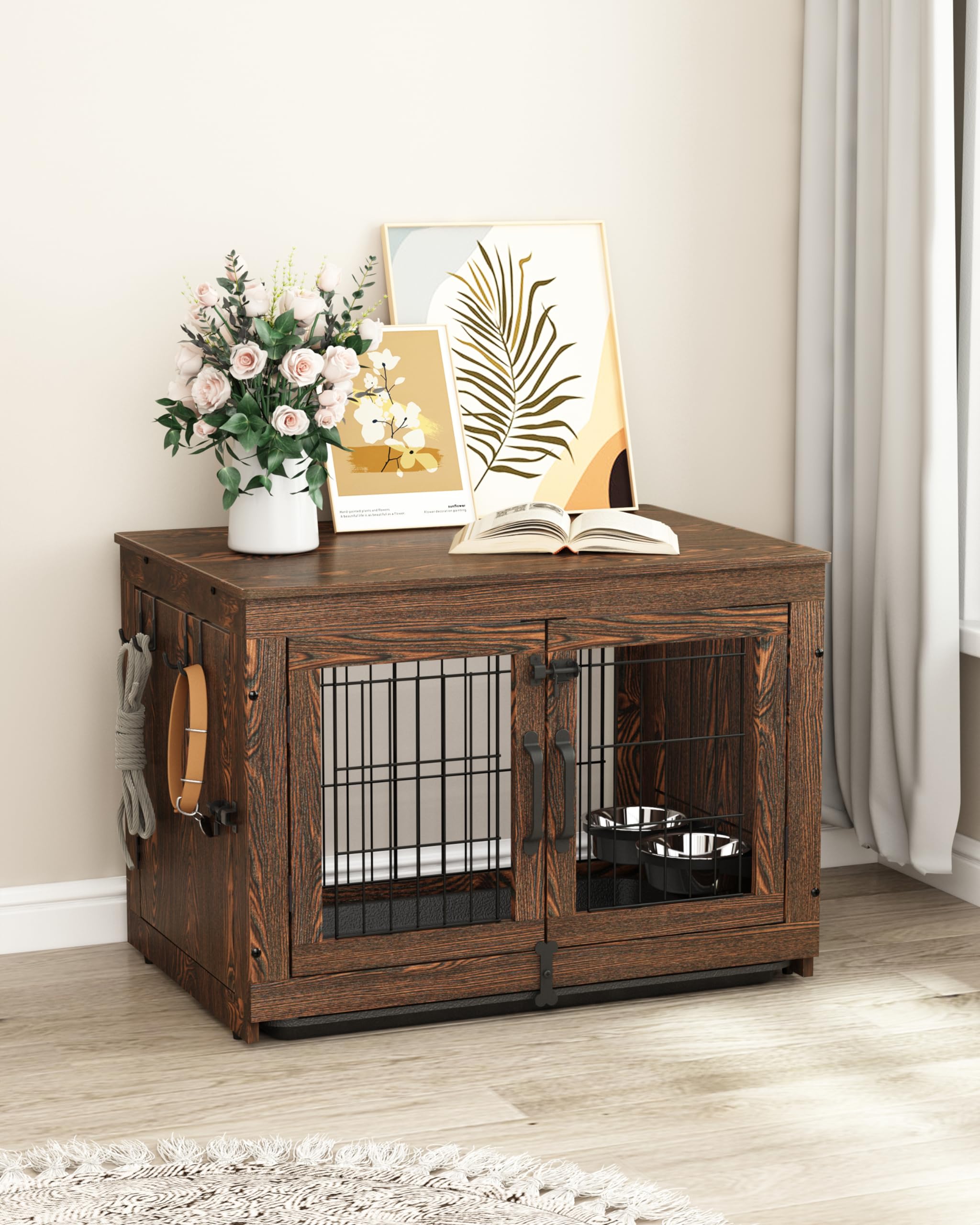 Piskyet Wooden Dog Crate Furniture With 360Rotatable Removable Dog Bowls, Dog Crate End Table With Tray, Double Doors Dog Kennel