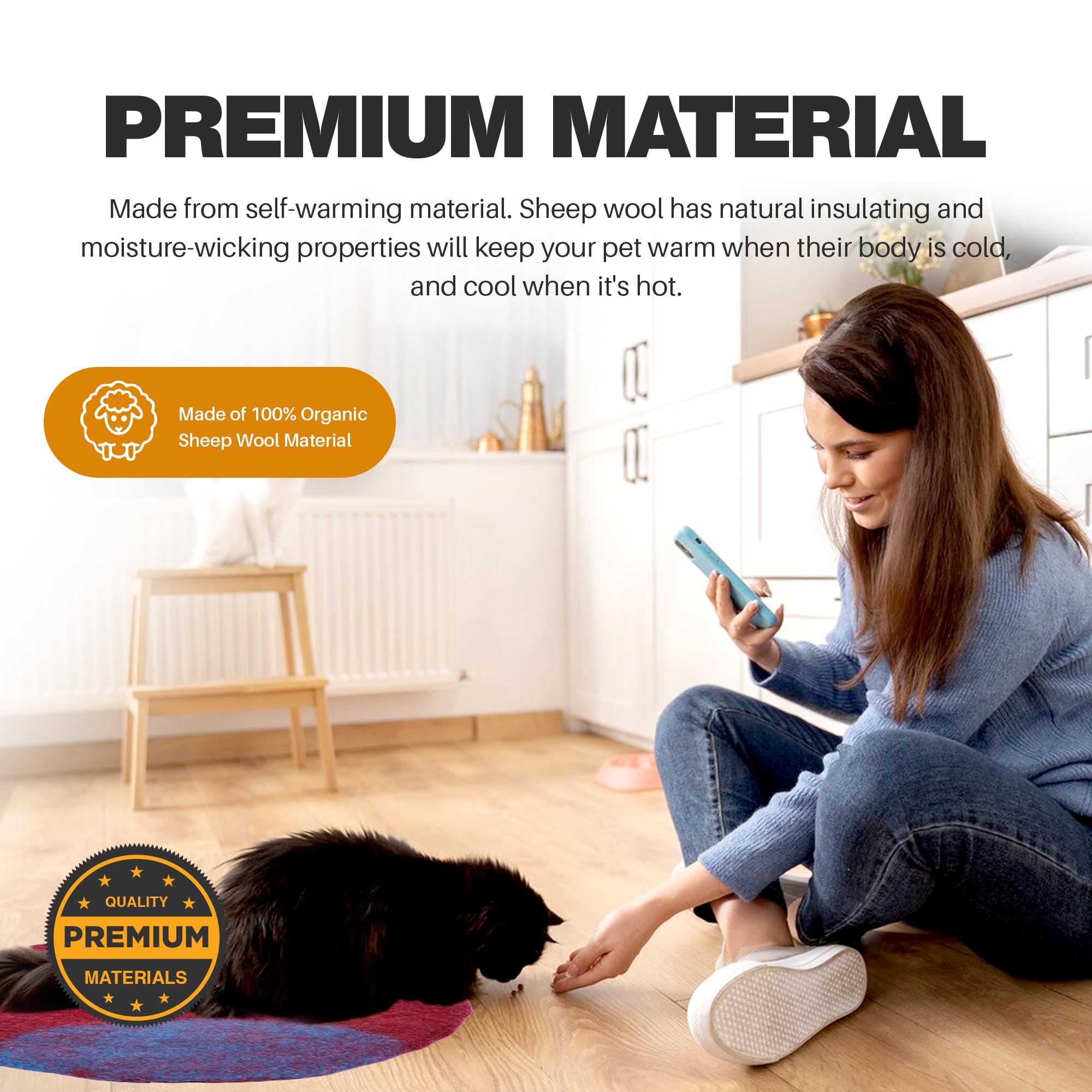 Haussimple Cat Bed Mat Natural Merino Wool Cozy Large Carpet Pad For Pet Cats Kitty Small Dog House Warm Organic Sheep Wool Scra