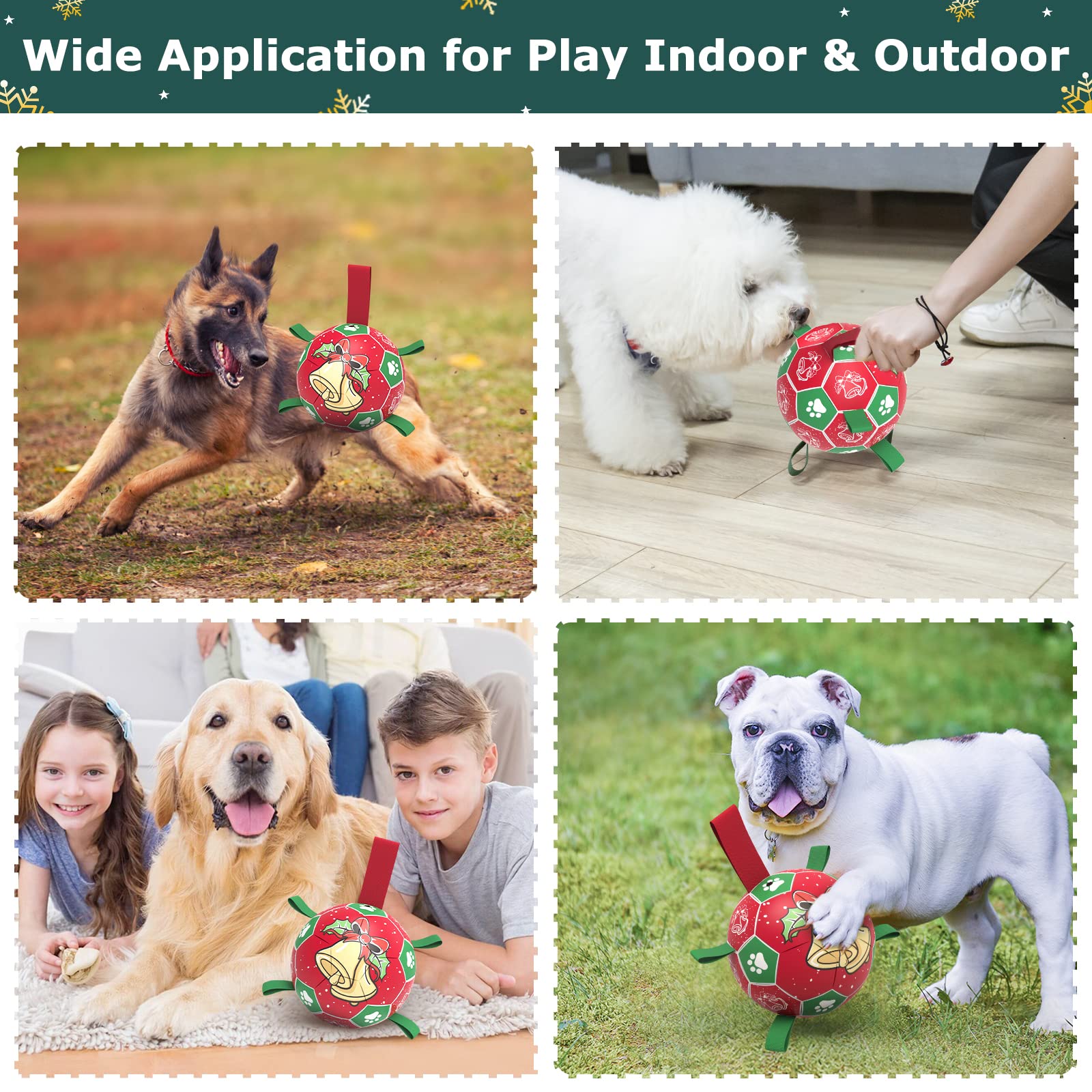 QDAN Christmas Dog Soccer Balls with Straps, Interactive Dog Toys for Tug of War, Puppy Birthday Gifts, Dog Tug Toy, Dog Water T