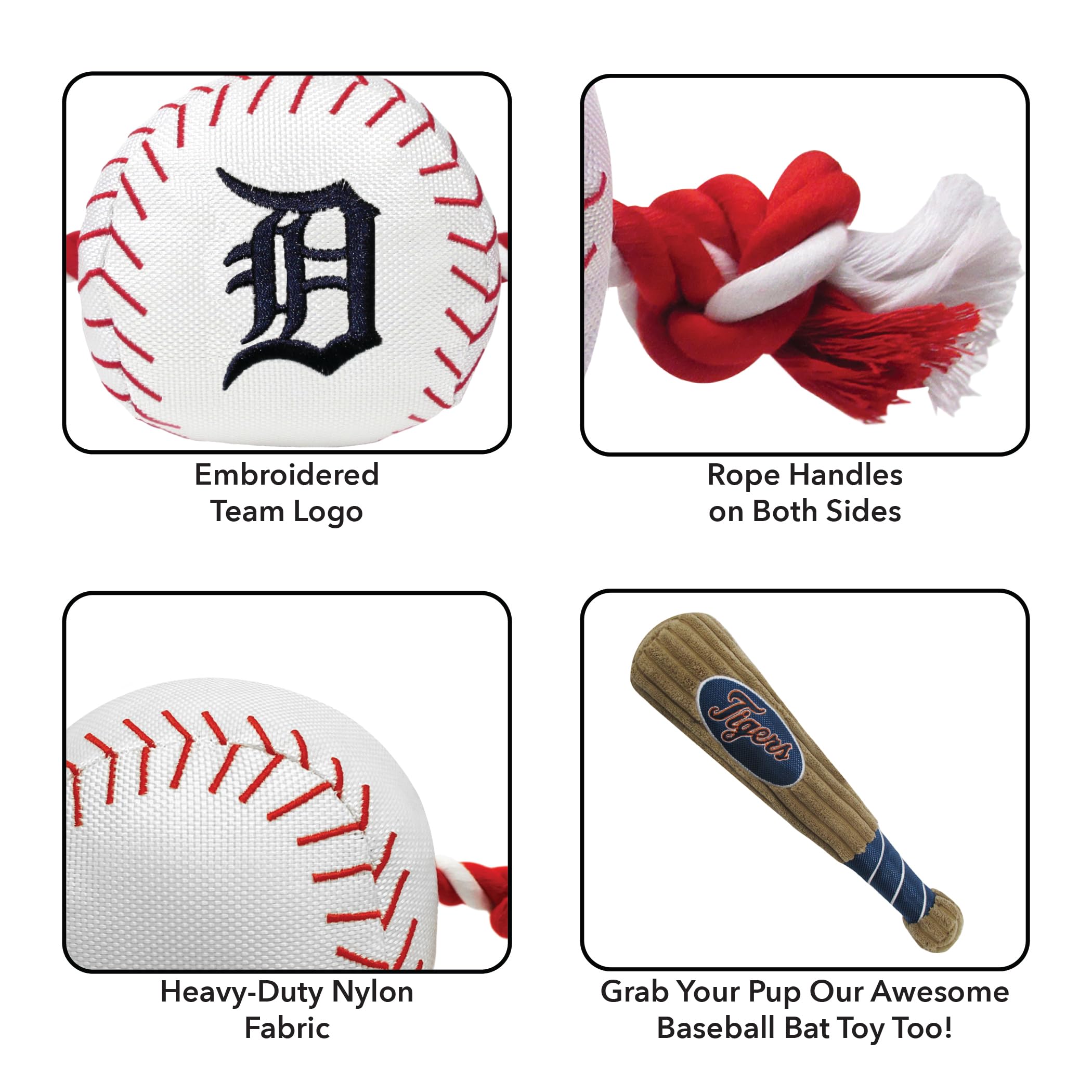 Mlb Detroit Tigers Baseball Rope Toy For Dogs & Cats. Tough Nylon, Sporty Baseball Design, Heavy-Duty Ropes With Inner Squeaker