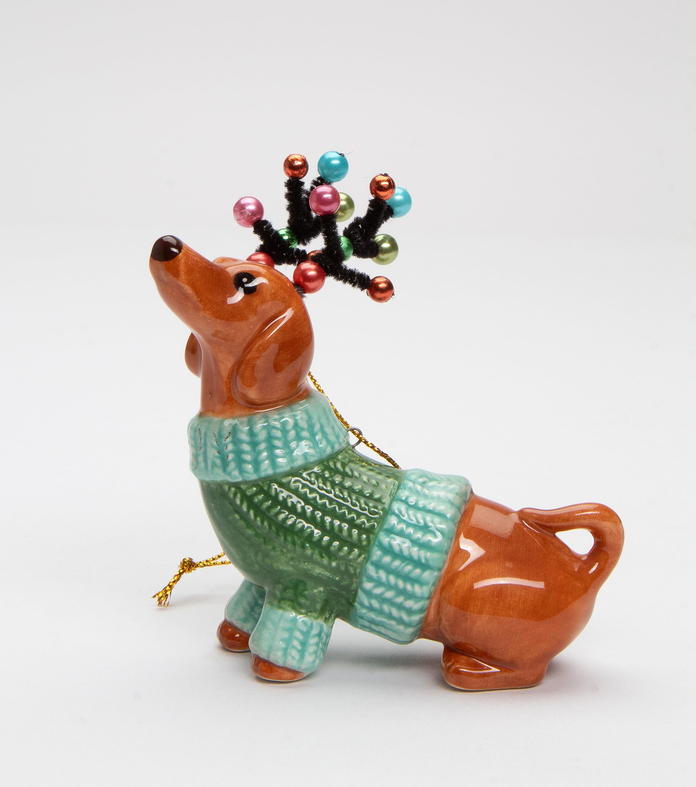 Cosmos Gifts 57012 Dachshund Dog in a Green Sweater with Reindeer Antlers Ornament, Multi-Colored, 3 3/8 x 1 5/8 x 3 7/8 H