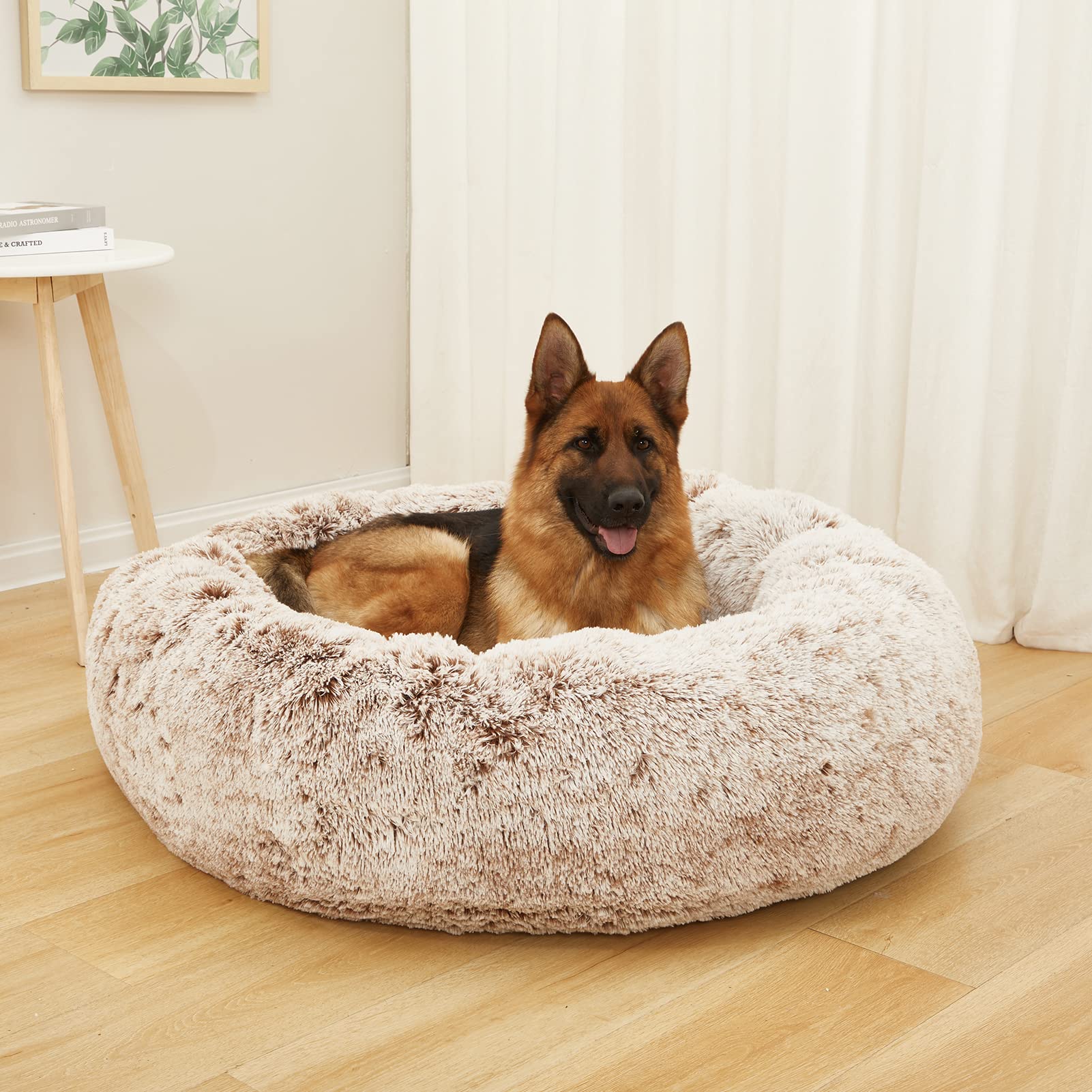 Bedfolks Calming Donut Dog Bed, 45 Inch Round Plush Bed For Extra Large Dogs, Anti-Anxiety, Washable With Non-Slip Bottom (Brown