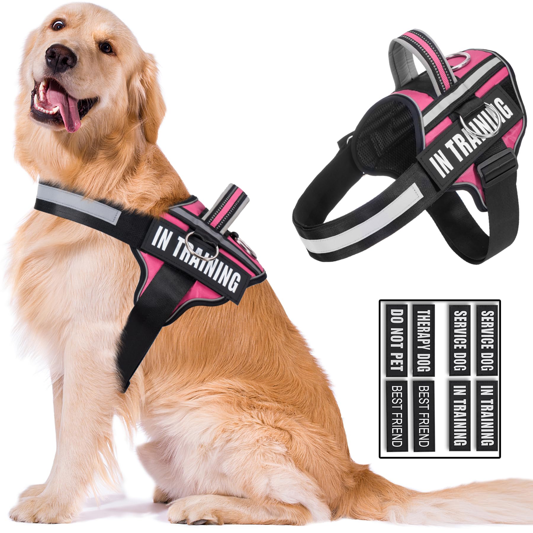 Reflective Dog Harness, Anti-Slip No Pull Dog Vest Harness with 8Pcs Dog Patches, Adjustable In Training Service Pet Harness for