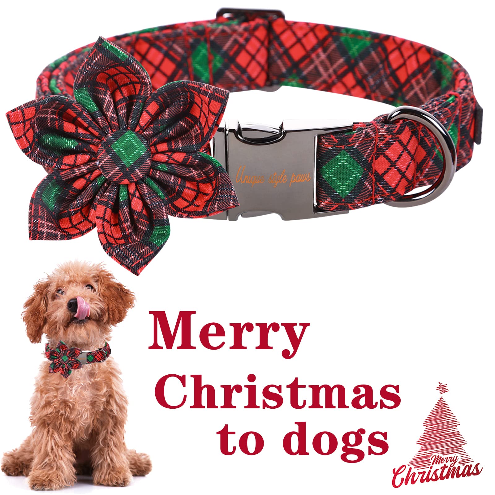 Unique Style Paws Christmas Dog Collar With Flower Tie Red Green Plaid Adjustable Cotton Puppy Collar For Small Medium Large Dogs-S