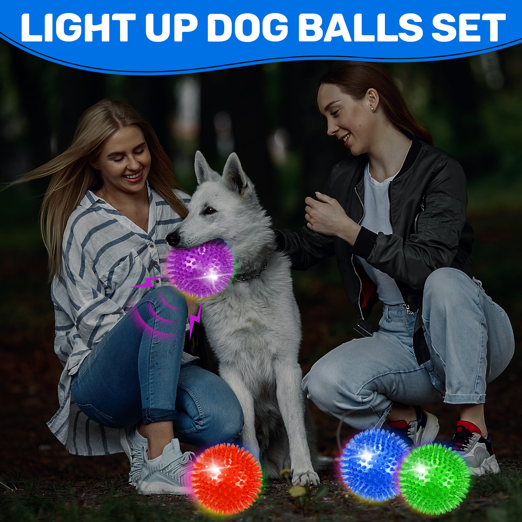 Ousiya 4 Pack 4.5'' Light Up Squeaky Dog Balls, Spiky Dog Toy Balls For Medium Large Dogs
