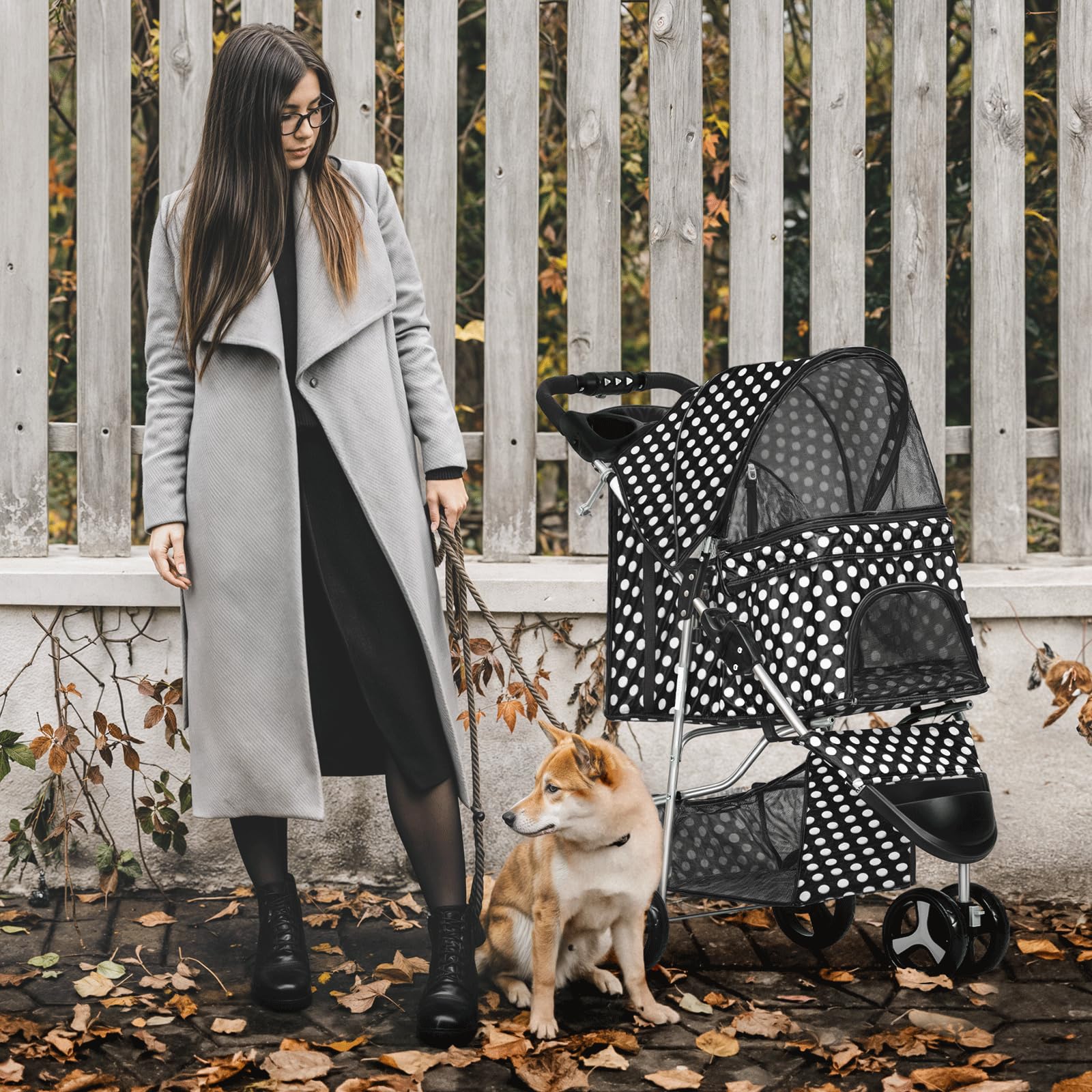 Monibloom 3 Wheels Pet Dog Cat Stroller For Small Medium Dogs Cats, Foldable Jogger Stroller W/Storage Basket And Cup Holder, Black Polka Dots