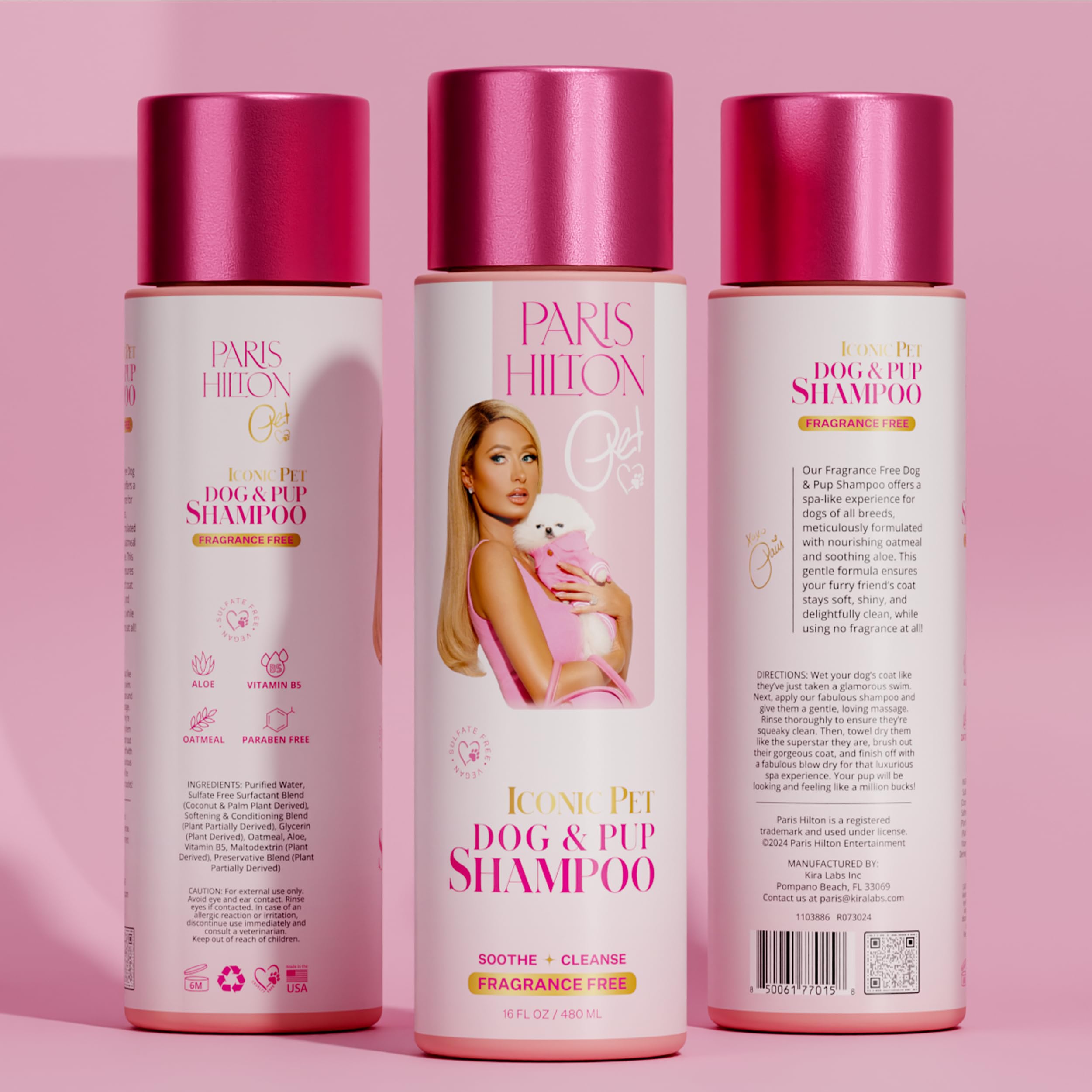 Paris Hilton Dog Shampoo - Fragrance-Free, Sulfate-Free, Vegan & Hypoallergenic for All Dog Breeds, with Oatmeal & Aloe for Heal