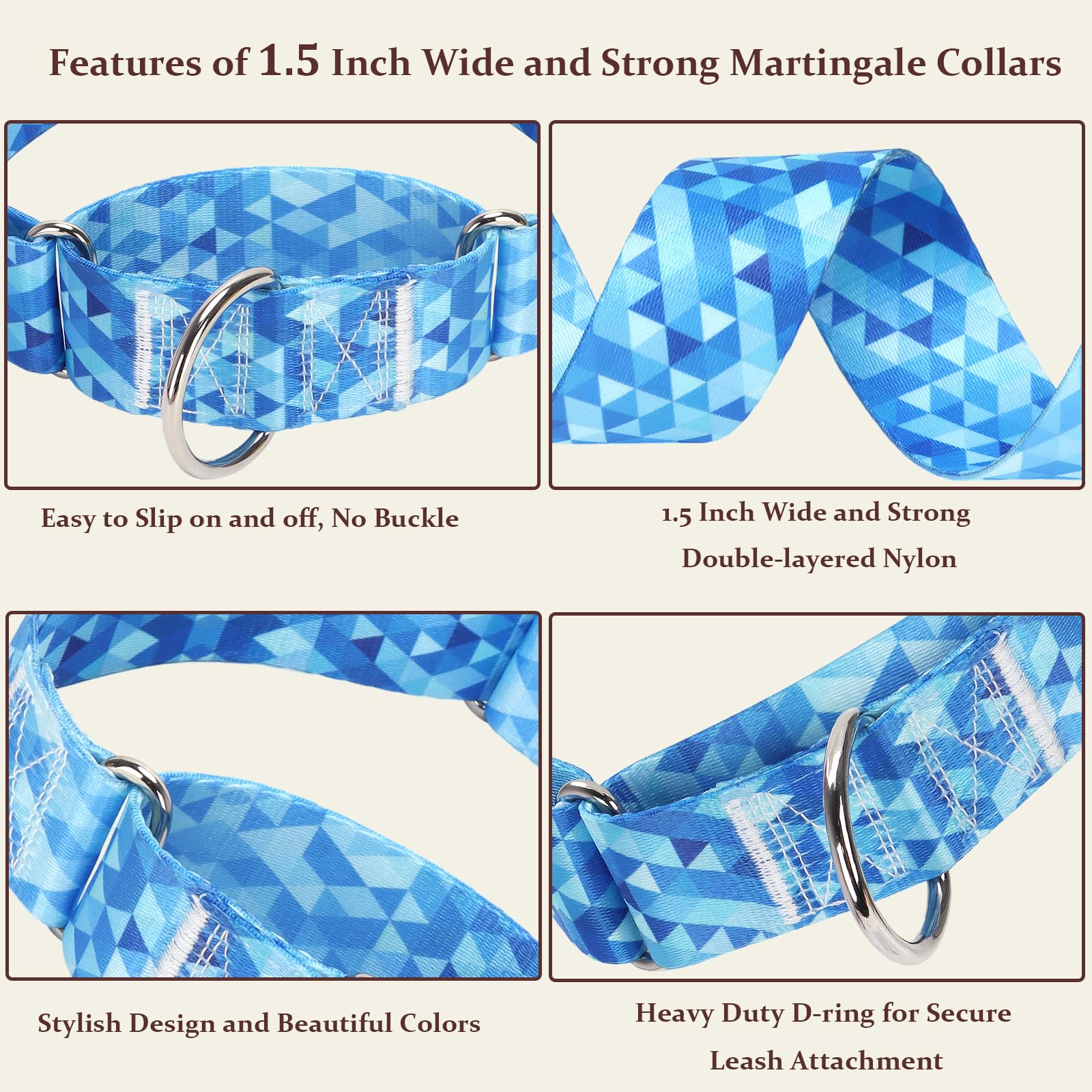 Martingale Dog Collar 1.5 Inch Wide - Heavy Duty Blue Adjustable Collar For Large Dogs, Big Neck & Head Breeds, Secure Training