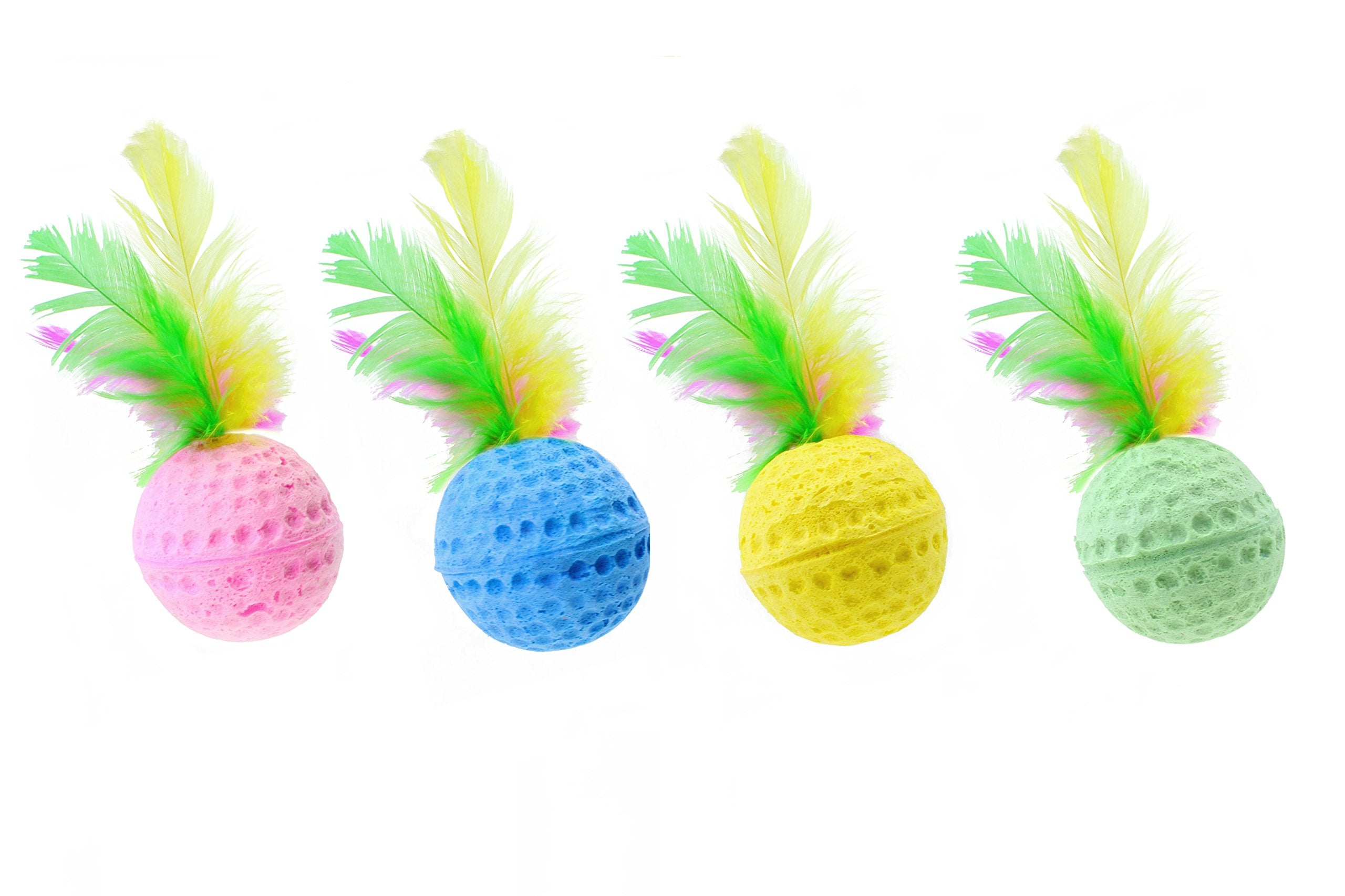 Nargos 1.5 Dia Colorful Golf Sponge Foam Balls Cats Toys With Feathers(4 Pack)