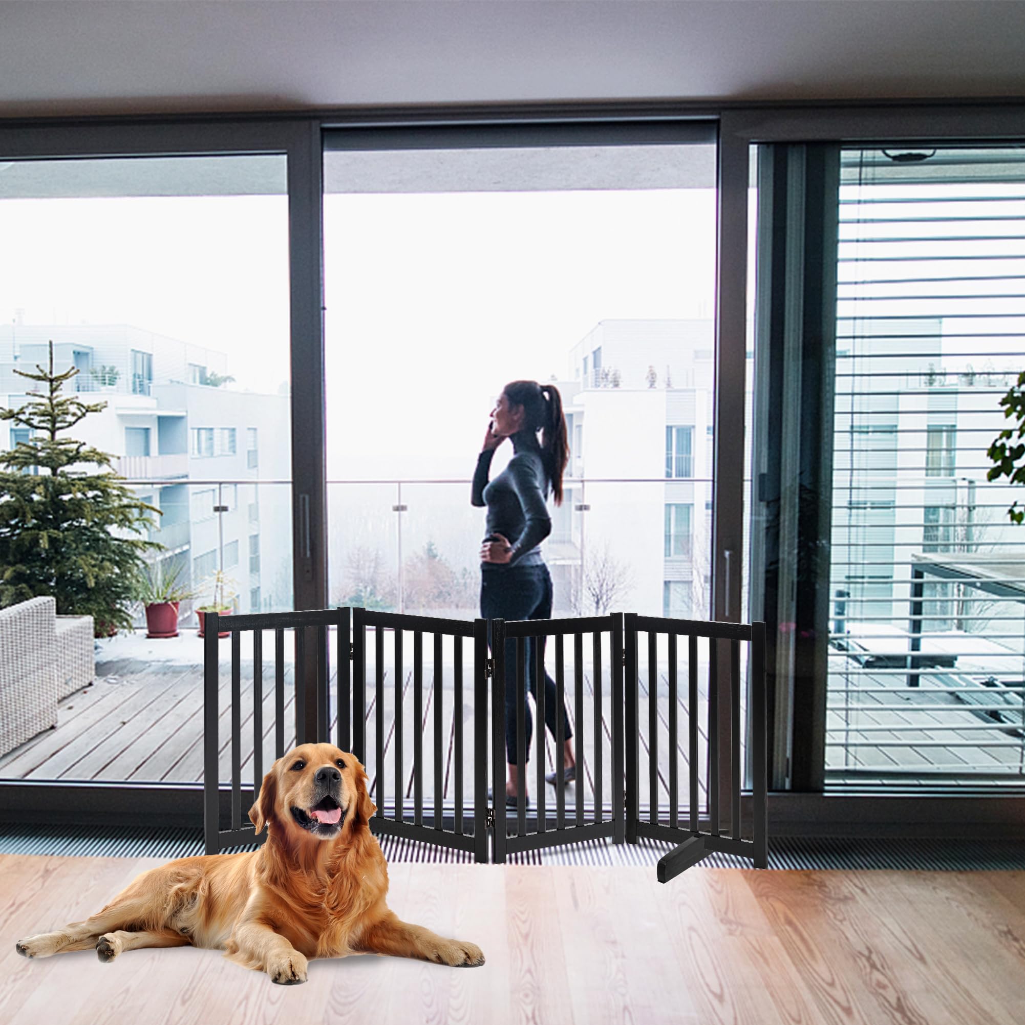 LZRS Freestanding Extra Wide Dog Gate 30 inch Tall - 4 Panels Solid Wooden Pet Gate for Doorways, Stairs, Hallways,Kitchens& Lon