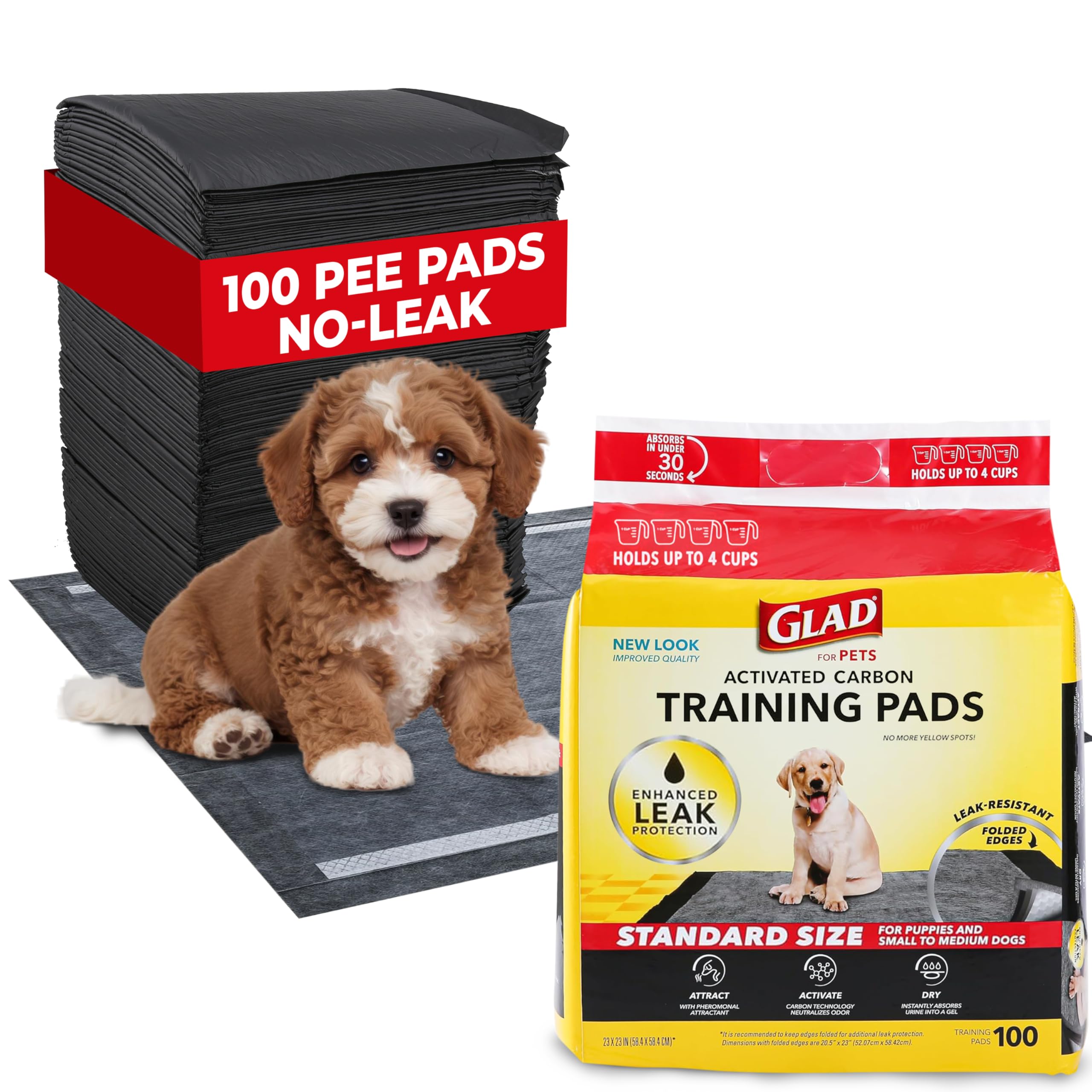 Glad For Pets Black Charcoal Training Pads For Dogs, 23' X 23' - Super Absorbent & Odor Neutralizing Dog Potty Pads, Leak-Resistant Puppy Pee Pads, Pheromone Attractant For Easy Training, Pack Of 100