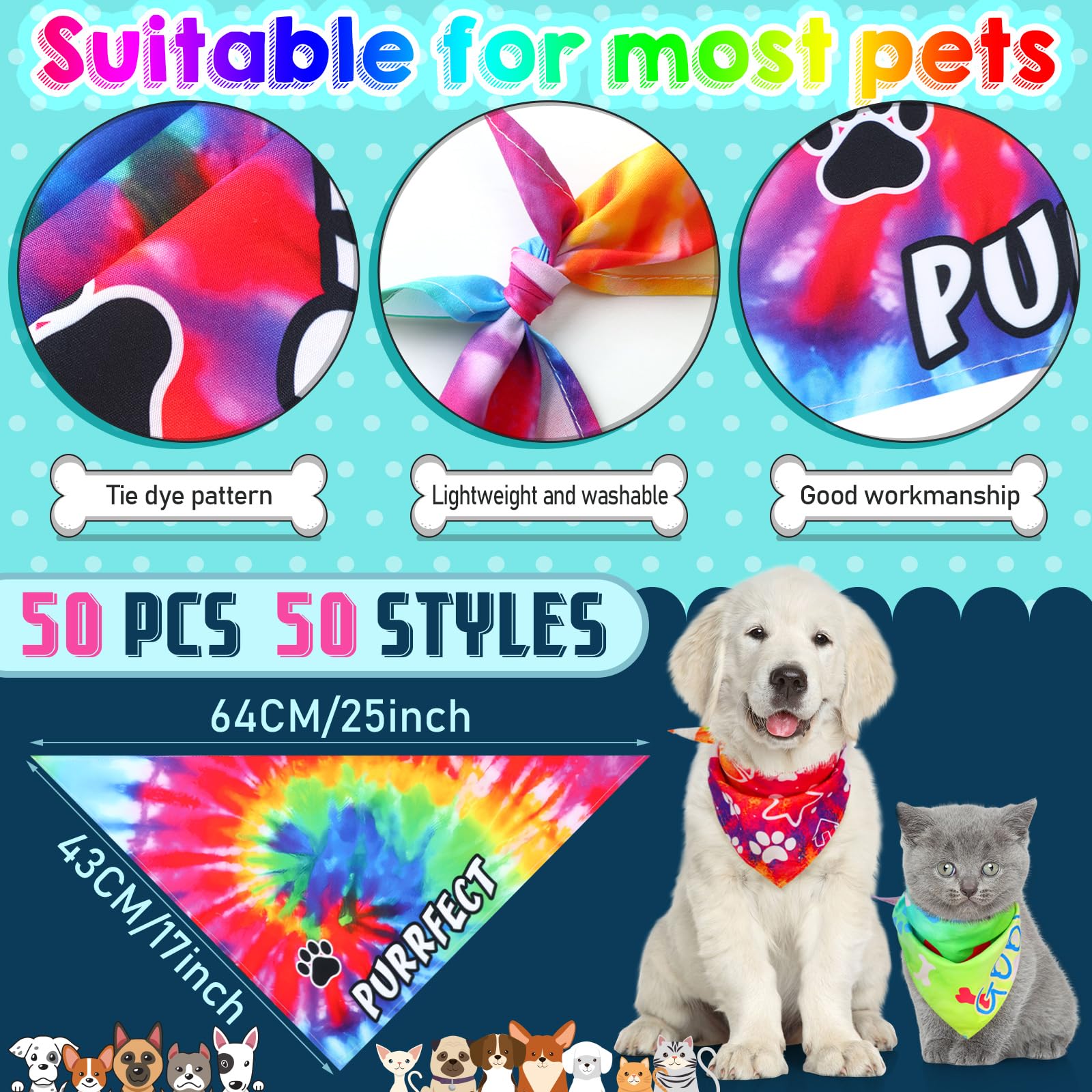 Huhumy 50 Pcs Dog Bandanas Bulk Pet Bibs Colorful Triangle Scarf Pet Bandanas For Medium Large Dogs Spring Summer Birthday Costu