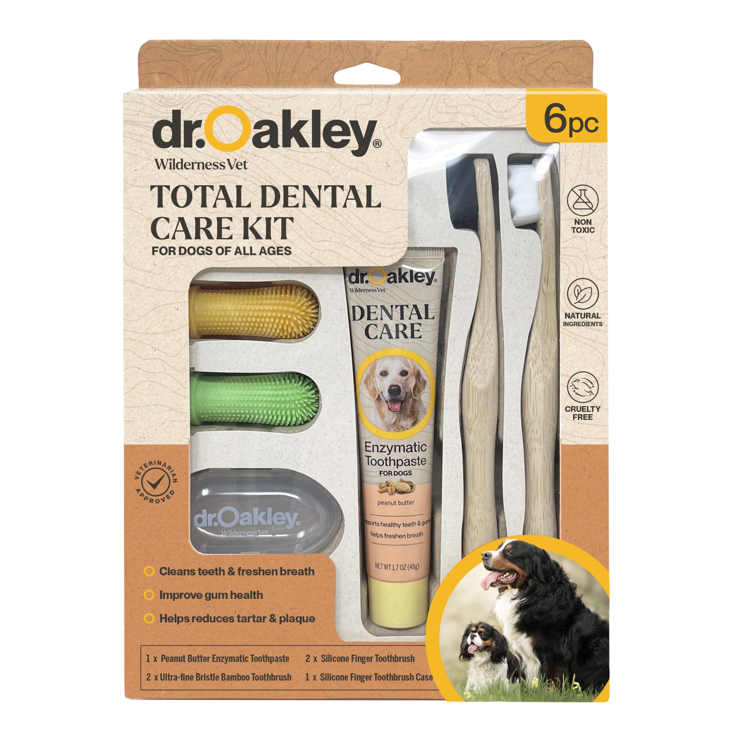 Dr. Oakley Total Dental Care Kit for Dogs: Peanut Butter Flavor - Toothpaste, Brushes, and Case, Natural