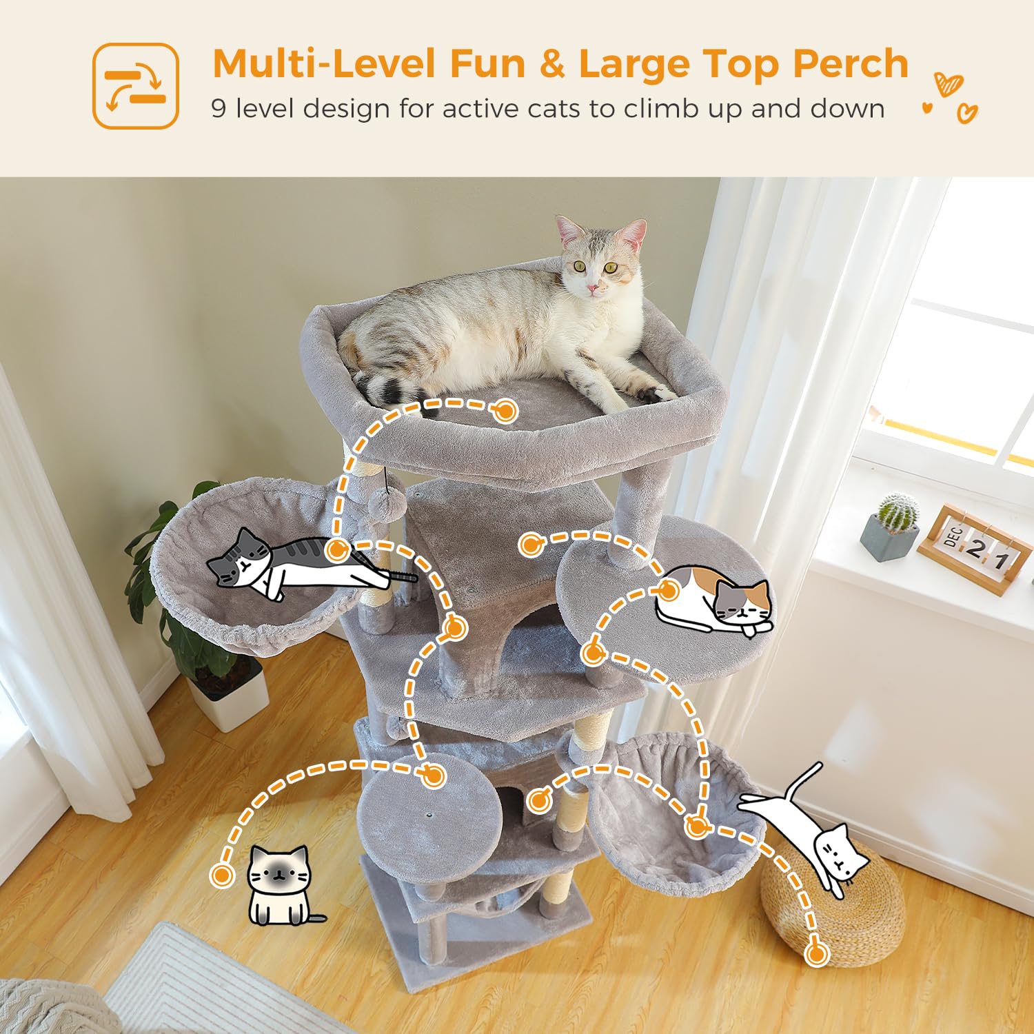 Pawz Road Tall Cat Tower, 70 Inch Cat Tree With Hammock, 5 Scratching Posts, 2 Condos And A Large Top Perches For Large Cats