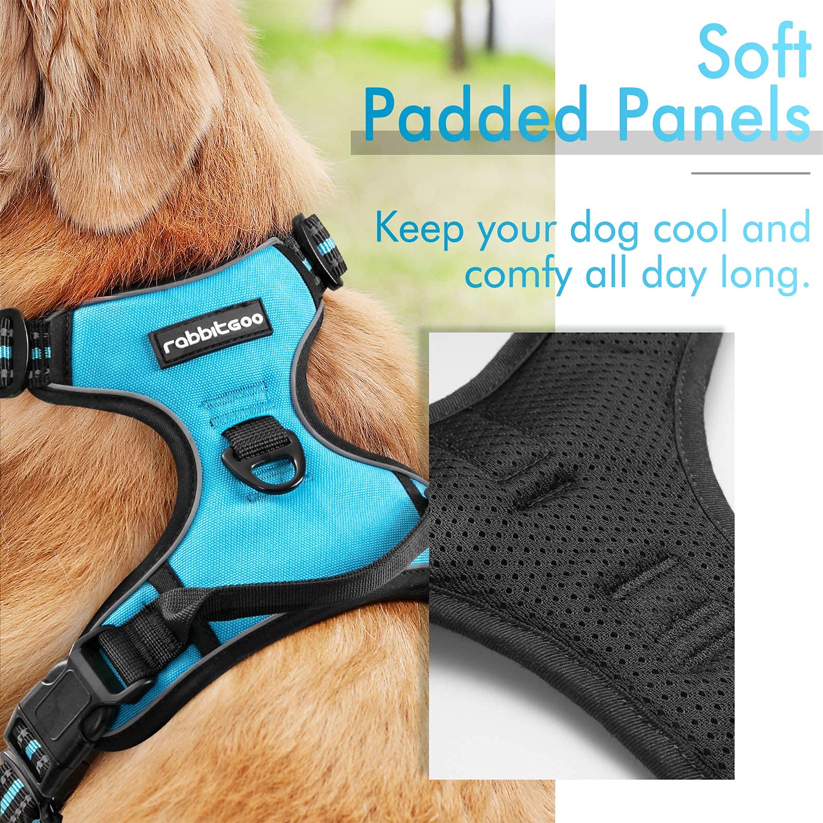 Rabbitgoo Dog Harness, No-Pull Pet Harness With 2 Leash Clips, Adjustable Soft Padded Dog Vest, Reflective No-Choke Pet Oxford Vest With Easy Control Handle For Large Dogs, Blue, L