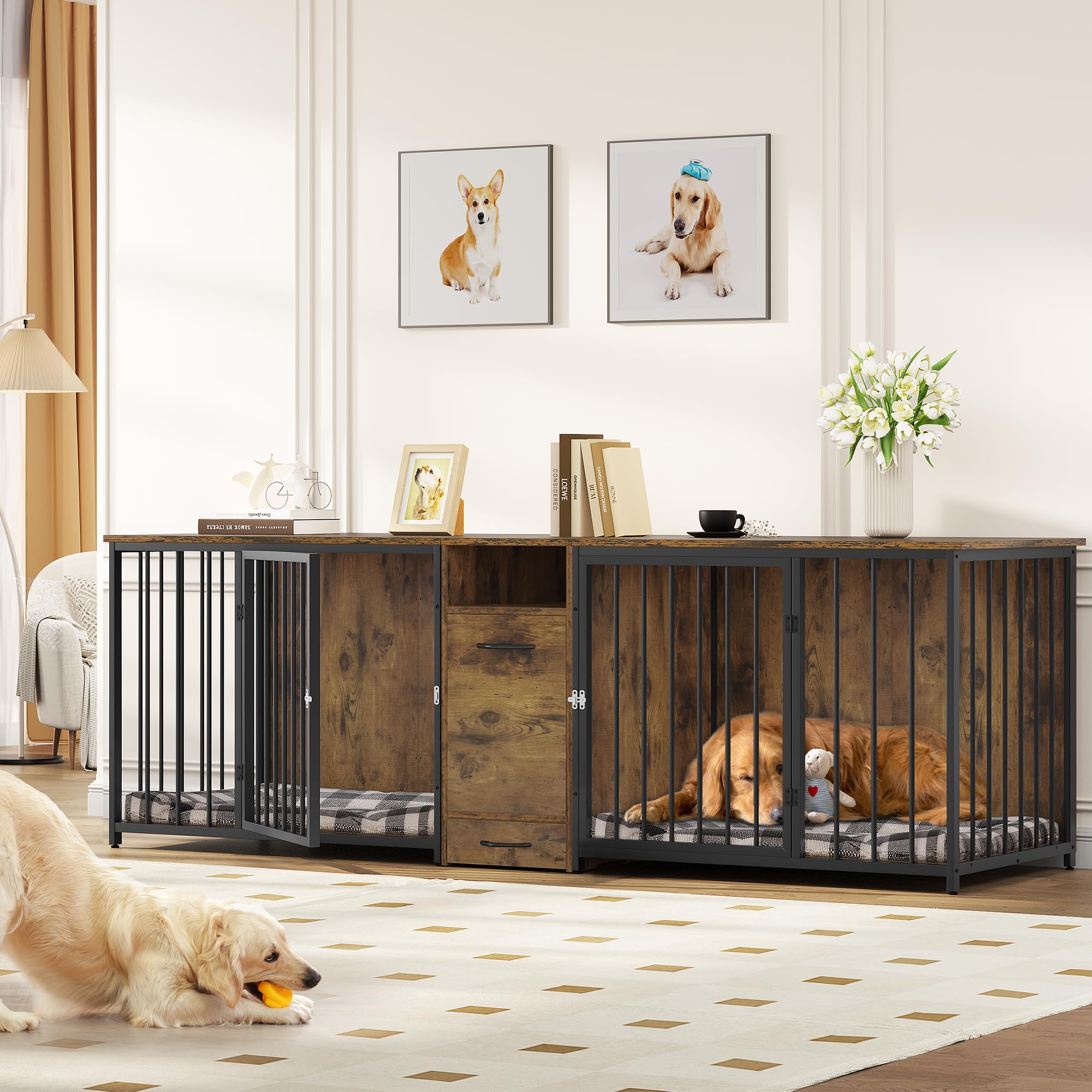 YITAHOME 94.5 Large Dog Crate Furniture with Feeder Bowls, Heavy Duty Dog Kennel with Room Divider and Drawer, Wooden Dog House