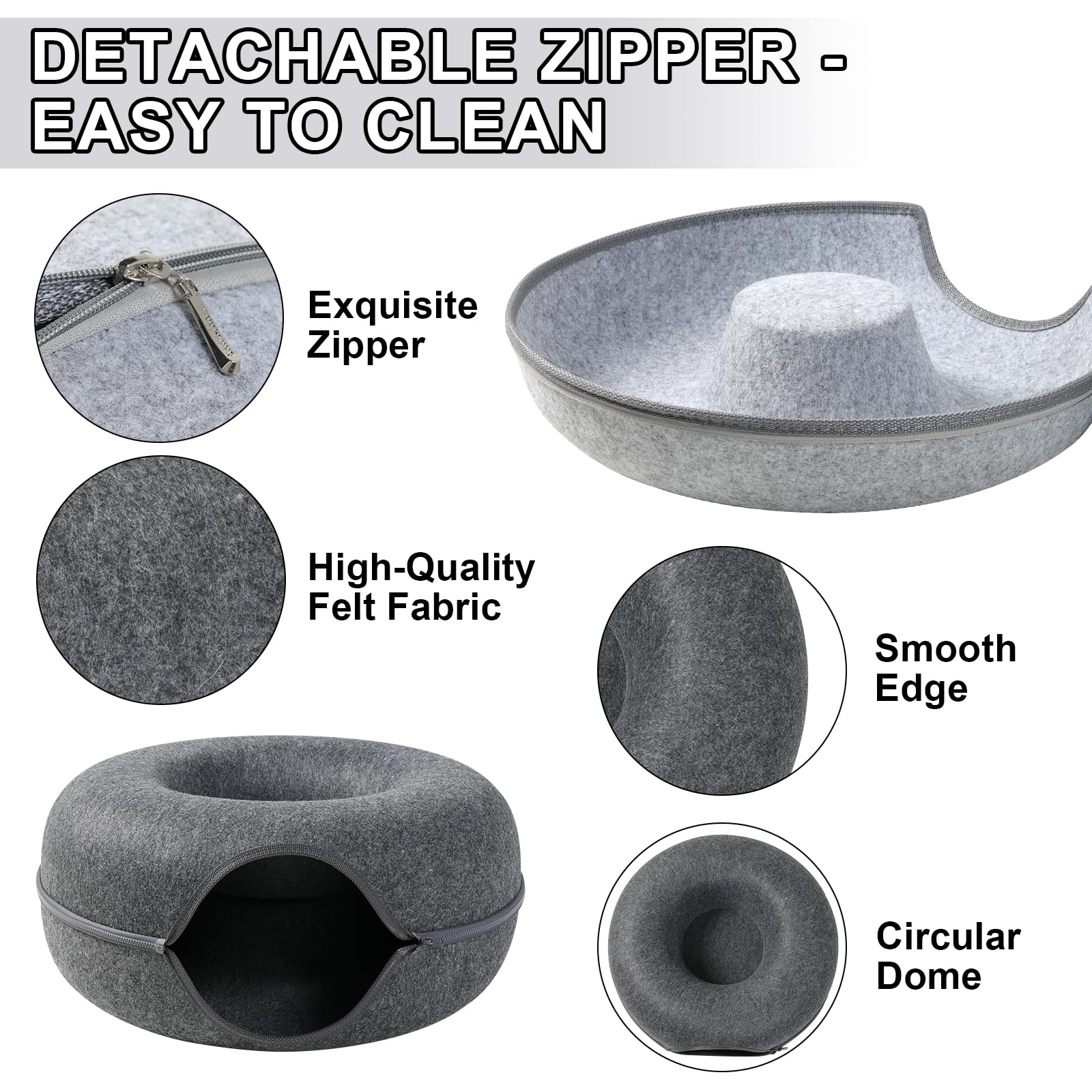 Bininl Cat Tunnel,Peekaboo Cave Bed for Indoor Cats,Donut Tunnel for Pet Cat House,Detachable Round Felt & Washable Interior Pla