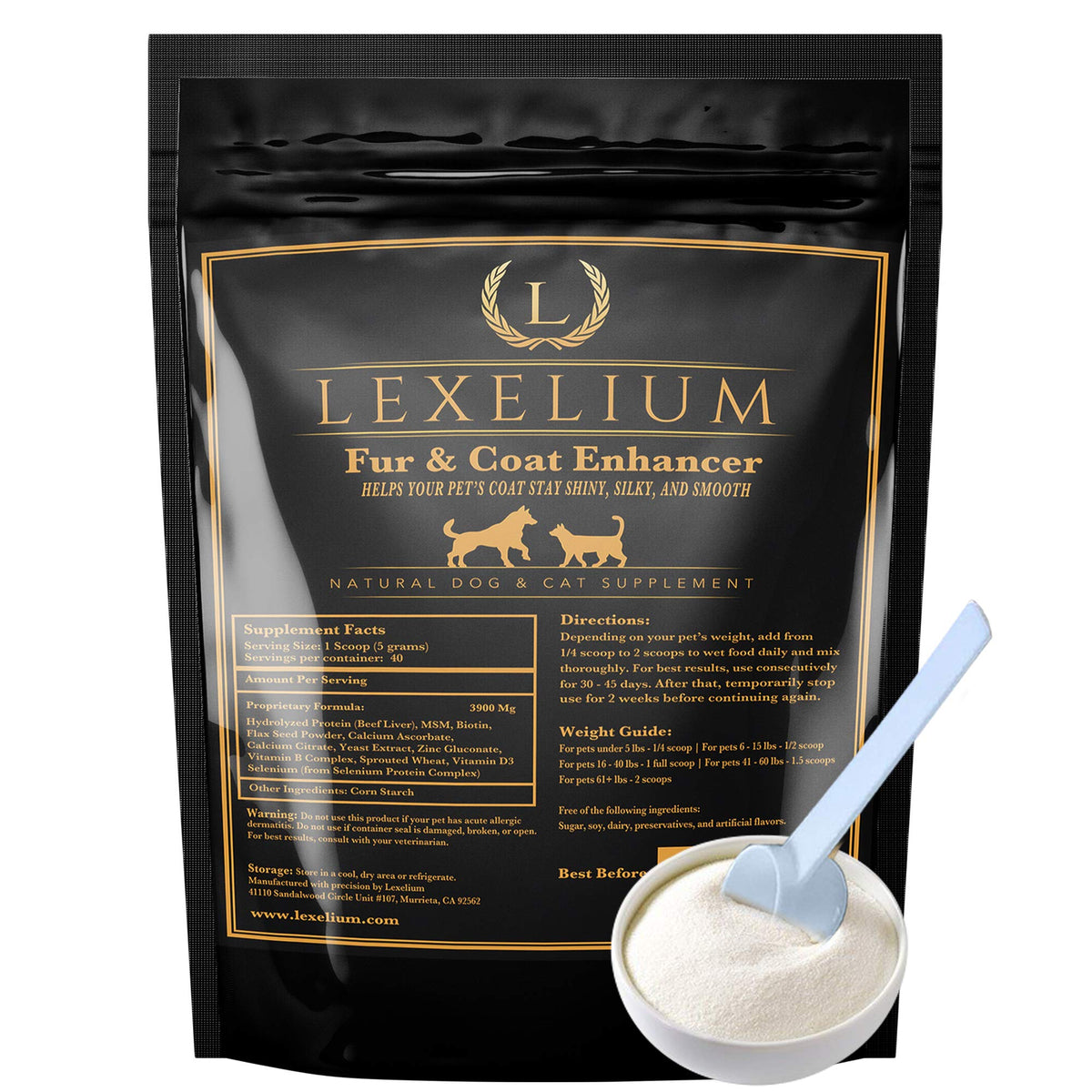 Lexelium Dermatitis Skin And Coat Supplement For Dogs And Cats - Promotes Healthy Skin And Fur For Dogs And Cats - Helps W/Itch, Dry Skin + Other Symptom - Natural Vet-Approved Powder Formula - 200G