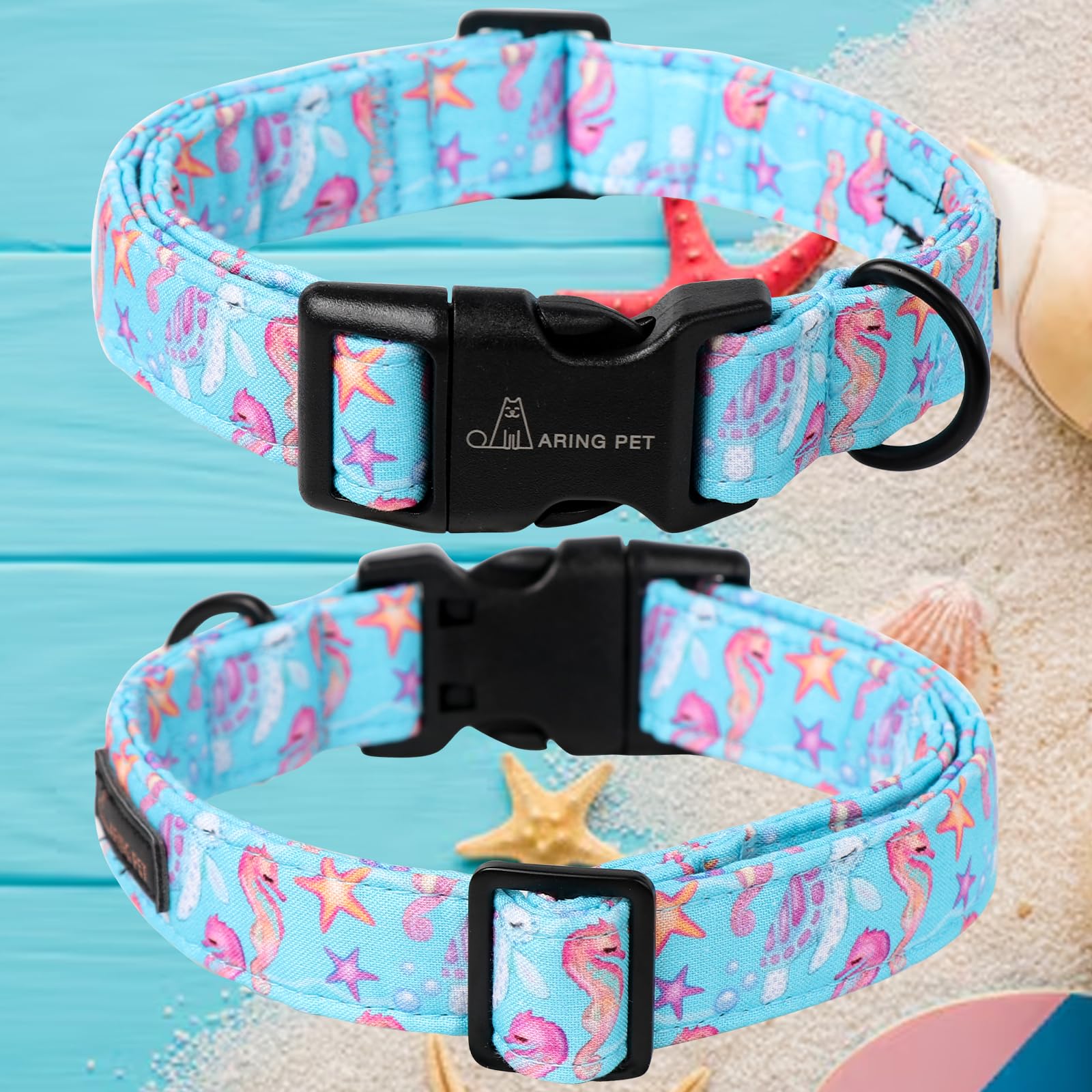 Aring Pet Summer Dog Collar-Cotton Lightweight Blue Dog Collars, Adjustable Seahorse Turtle Pet Collar Puppy Collars With Quick