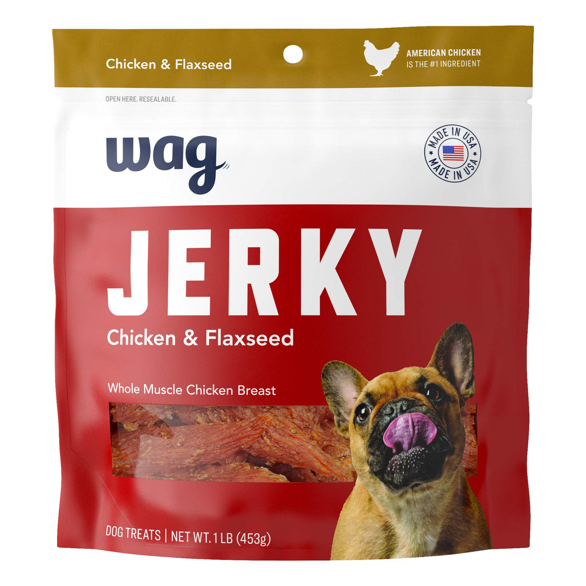 Amazon Brand - Wag Chewy Whole Muscle American Jerky Dog Treats - Chicken & Flaxseed (1 Lb), Grain Free