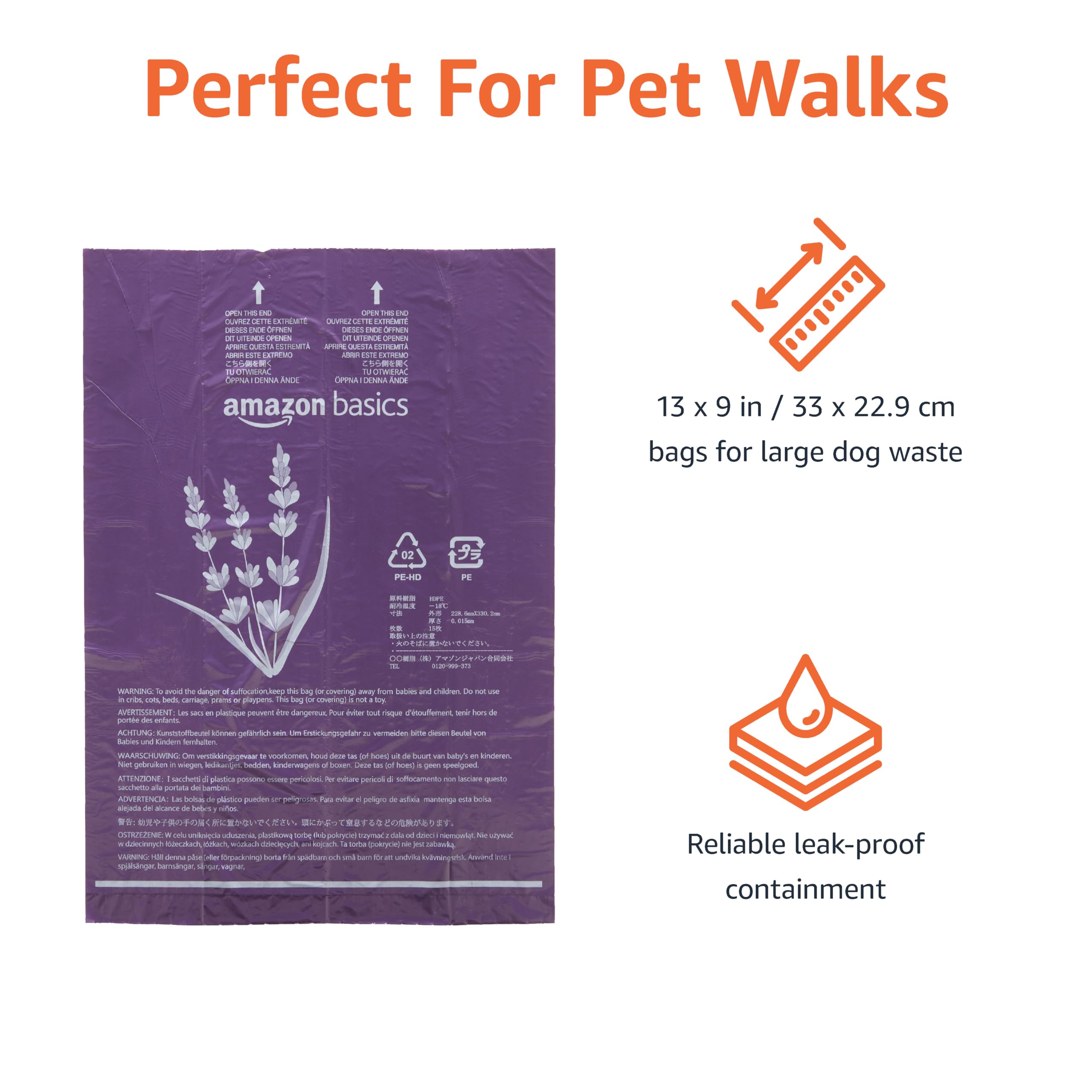 Amazon Basics Lavender Scented Dog Poop Bags, 900 Count (15 Packs of 60), Premium Leak Proof, Purple Plastic