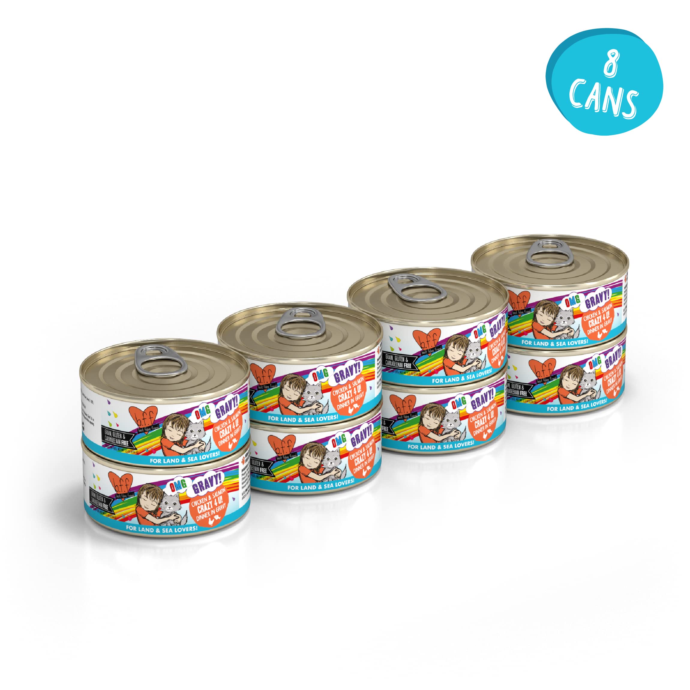Weruva B.F.F. OMG - Best Feline Friend Oh My Gravy! Grain-Free Wet Cat Food Cans, Crazy 4 U! Chicken & Salmon, 5.5-Ounce Can (Pa