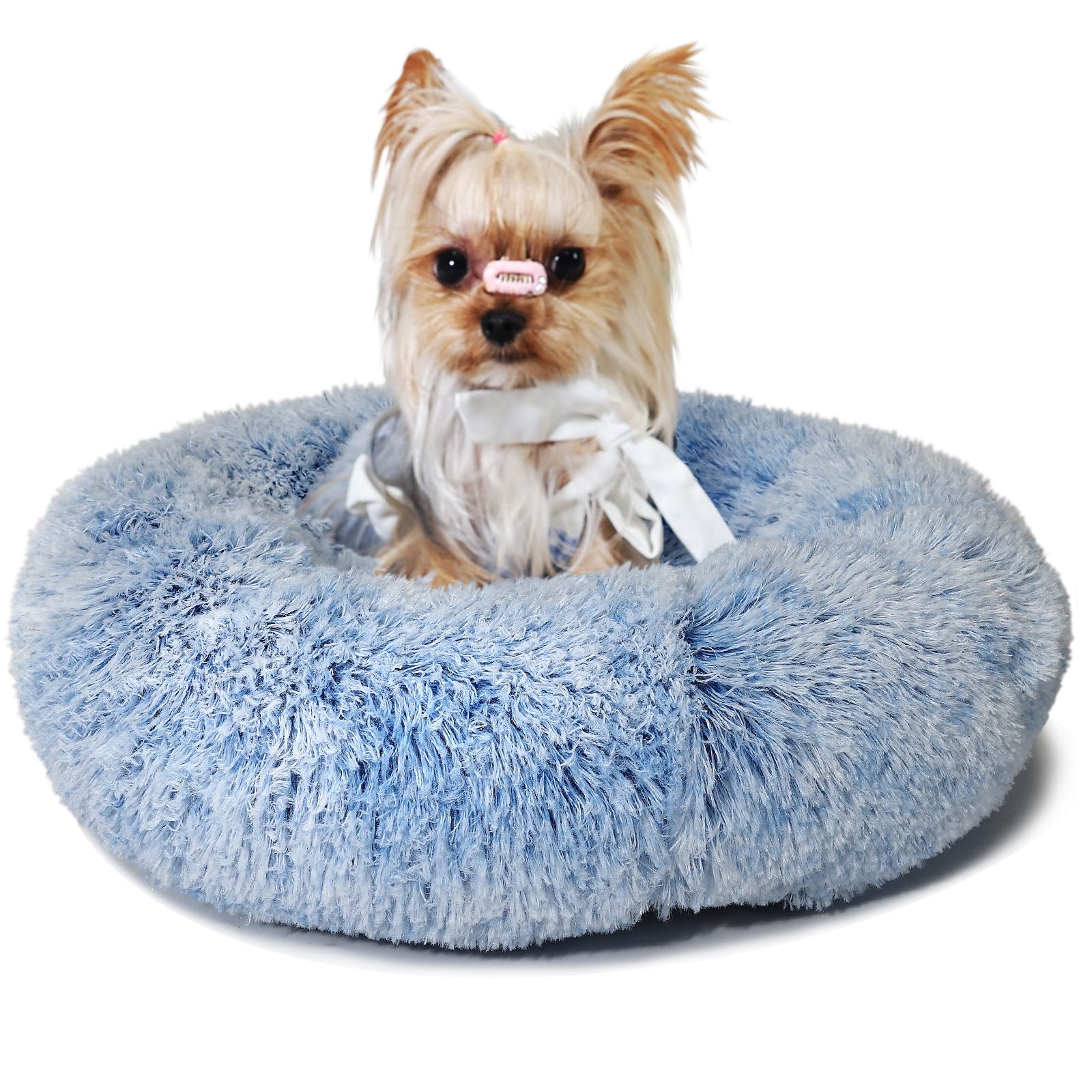 Blue and White Dog Bed Small Washable,Calming Dog Bed for Small Dogs,15 inches Donut Fluffy Pet Beds,Anti Anxiety Round Fits up 