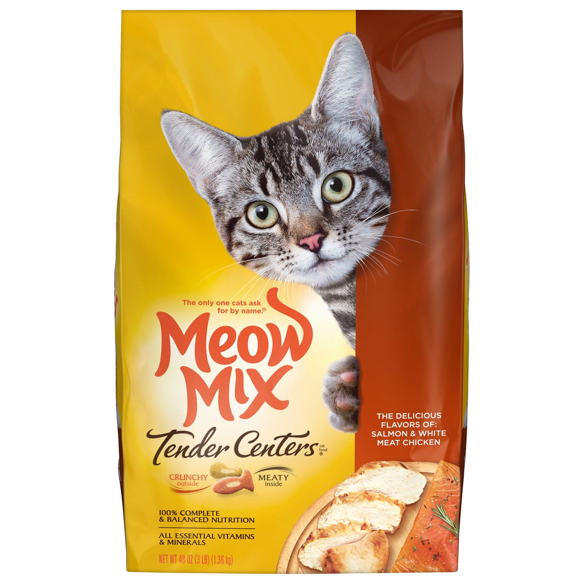 Meow Mix Tender Centers Salmon & White Meat Chicken Flavors Cat Food, 3 Pound (Pack Of 4), Crunchy Outside Meaty Inside