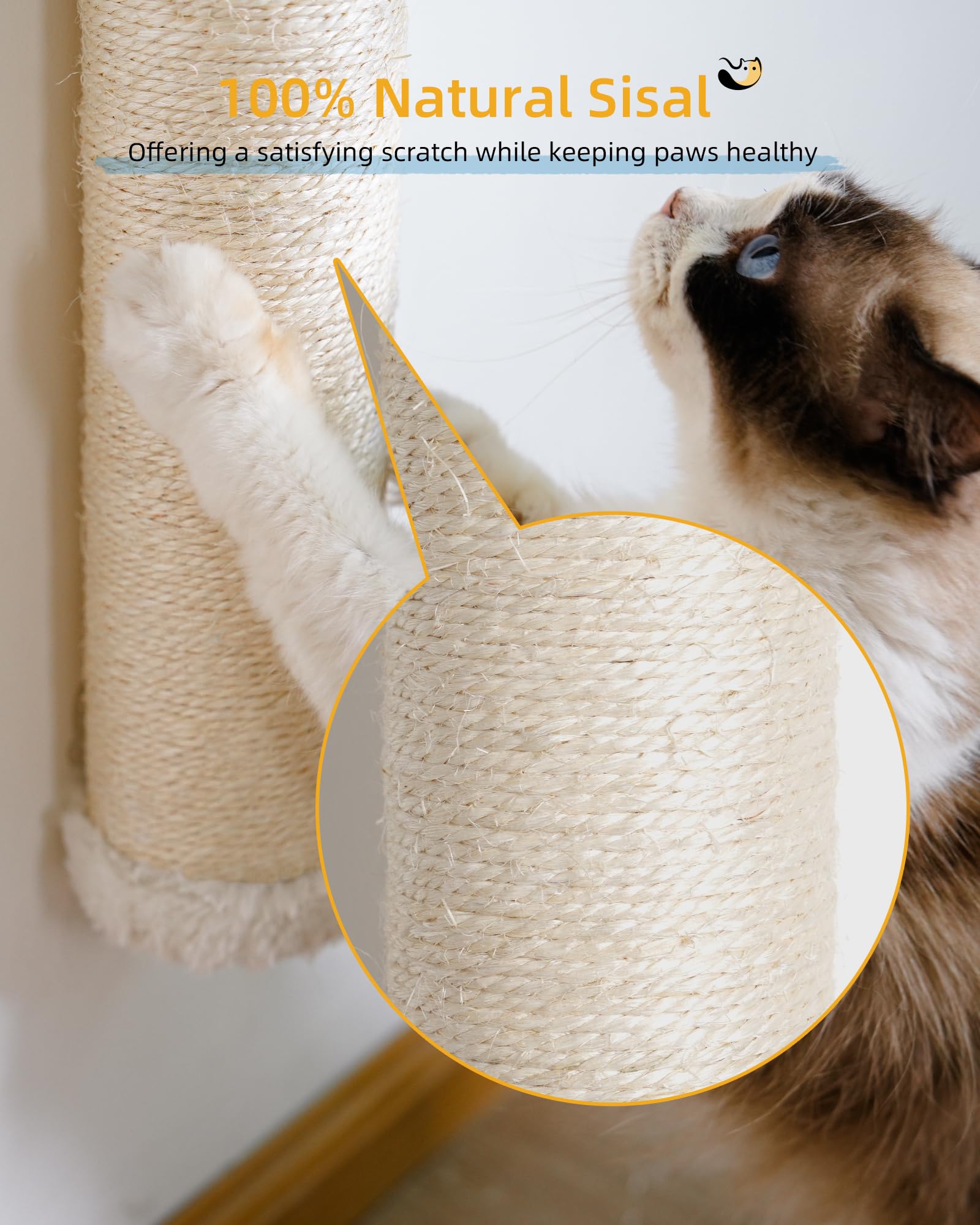 34In Wall Cat Scratching Post, Wall Mounted Cat Furniture For Indoor Active Cats, Tall Sisal Pole For Large Adult Cat Pet Climbi