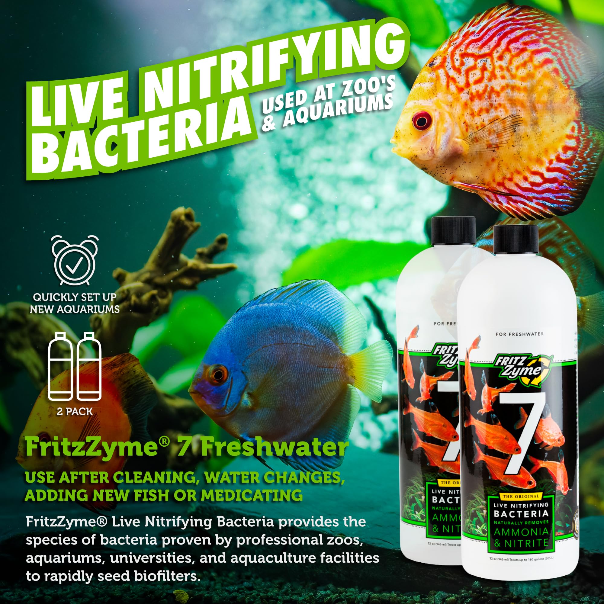 Fritz Aquatics FritzZyme 7 Live Nitrifying Bacteria Naturally Removes Amonia & Nitrite for Freshwater Fish (32-Ounce | 2-Pack)
