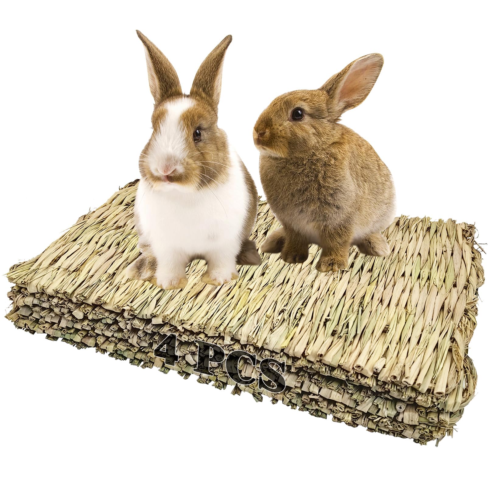 Kathson 4 Pcs Rabbit Large Grass Mat Natural Grass Woven Mat Rabbits Chew Toys Grass Bedding Nest For Small Animal Bunny Rabbit 