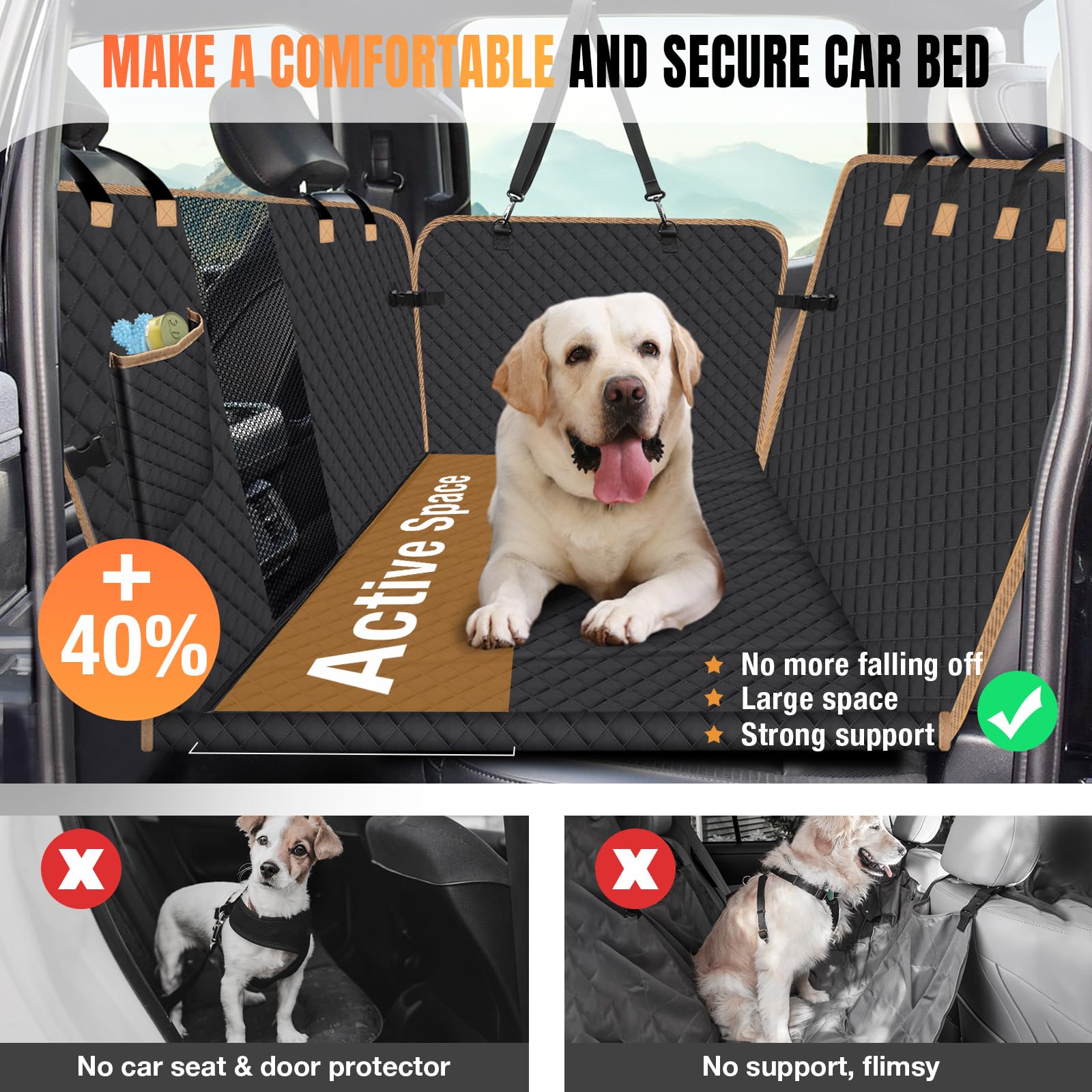 Lekespring Dog Seat Cover For Back Seat Hard Bottom, Dog Hammock For Car, Backseat Cover For Dogs In Car, Black