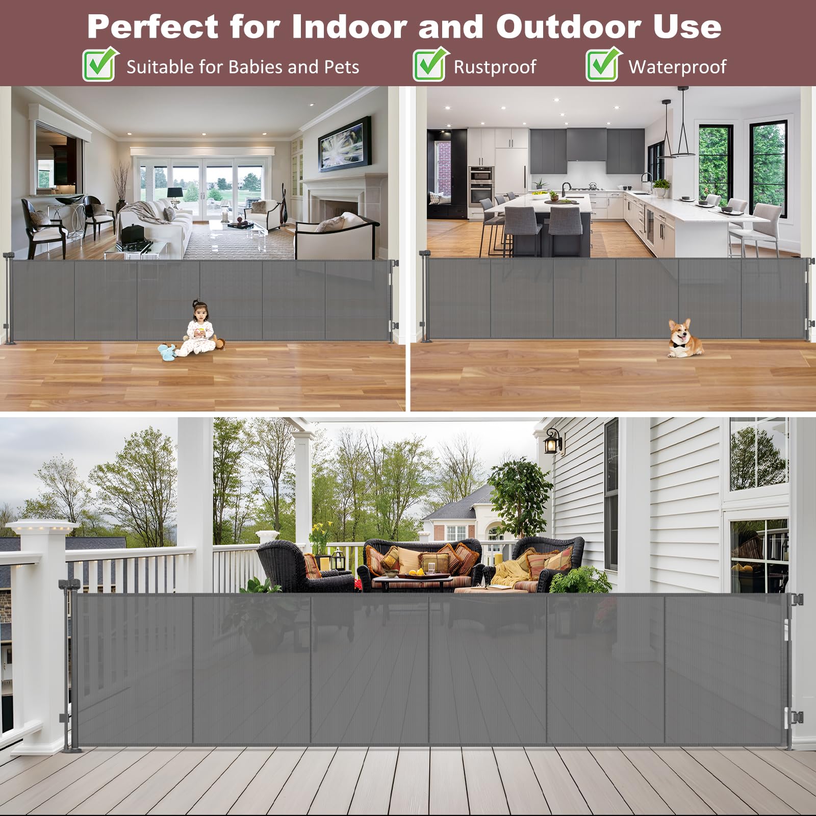 Reinforced 41'' Extra Tall Retractable Baby Gates Extra Wide Dog Gate 150'' Retractable Pet Gate with Support Rods, Indoor Mesh